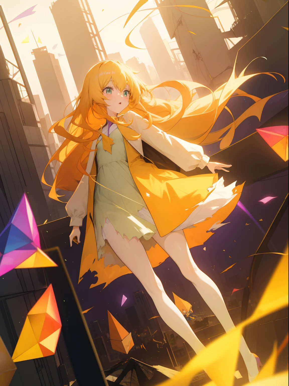 Anime Chorus of the Prisms - Girl, ite, long golden hair, cream-colored eyes, green-orange dress, torn lab coat, purple stockings, standing on a high-rise building in one of the destroyed land cities, is a "quantum ghost"