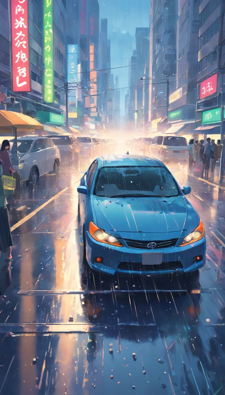 Raindrops splattering on car windshields, in the middle of city, bad weather , stuck in a traffic jam, People inside cars frustrated.