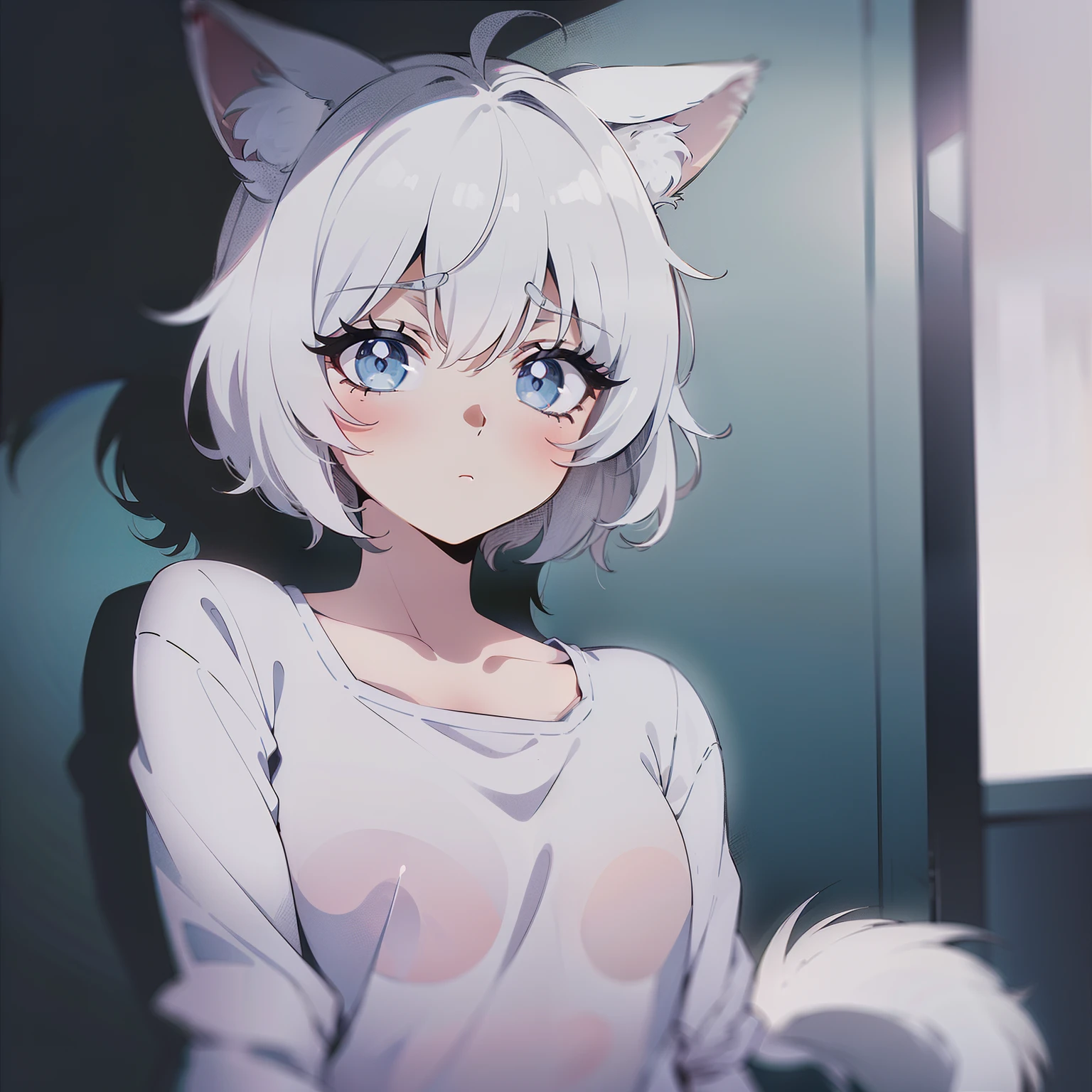 High quality, 1girl, ((((Candy Candy anime style)))), (wolf girl, wolf ears, wolf tail), animal ears, animal tail, ((((short hair)))), ((silver white hair)), hair clip, ((hair tap eye)), ((blue eyes)), long eyeslashes, eyeliner, (((small breasts, old pijama))), ((worried, sad expression, mellancholic look, blue eyes)), (white background), closed_mouth, blush, eyelashes, detailed shadows, detailed body, detailed eyes, detailed lines, (((manga style, manga coloring, 4K))).