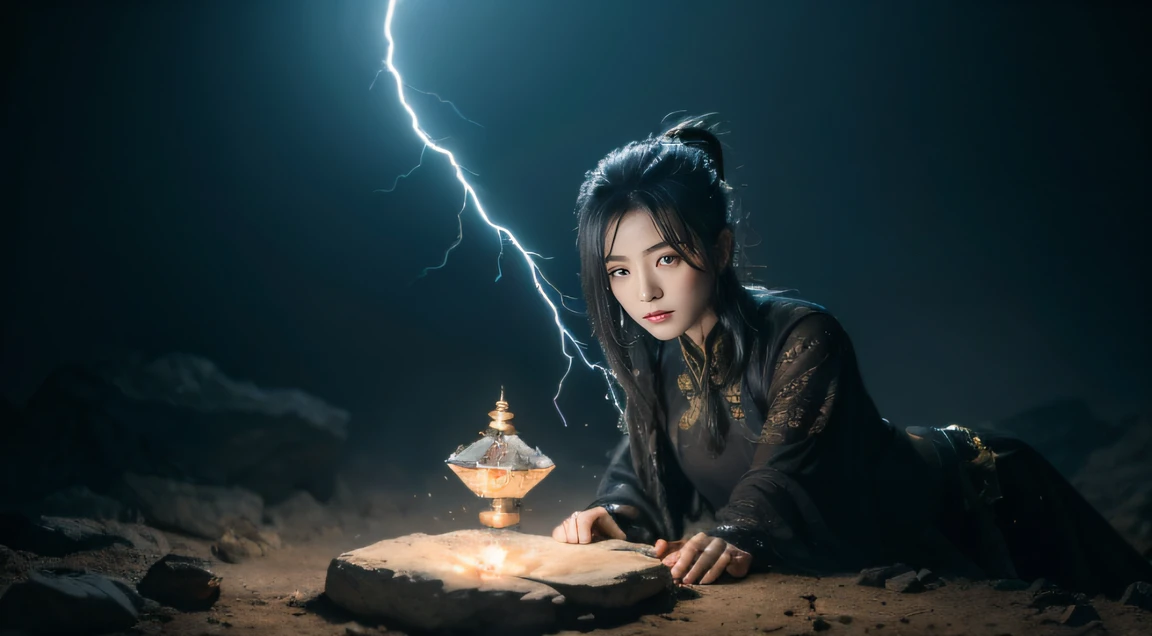 Kunlun Mountain，The black-haired fairy descends the mountain，Bajiquan stunts，Pure mantra hard ginseng，full bodyesbian，Combat posture，Low viewing angle，Dim background，It was surrounded by a large amount of thick white fog，（（an extremely delicate and beautiful one），（（Brunette hair all over the body）），（（lightning in hand）），Lightning surrounds the dark-haired woman，（（lightning chain）），Taoist temple，Taiqing Palace，Suspended crystals，There is lightning inside the crystal，unreal-engine，巨作， the highest picture quality，Highest resolution，8K,Extremely detailed images，Moon light，Shadow optimization，Realistic style，Black Haired Woman