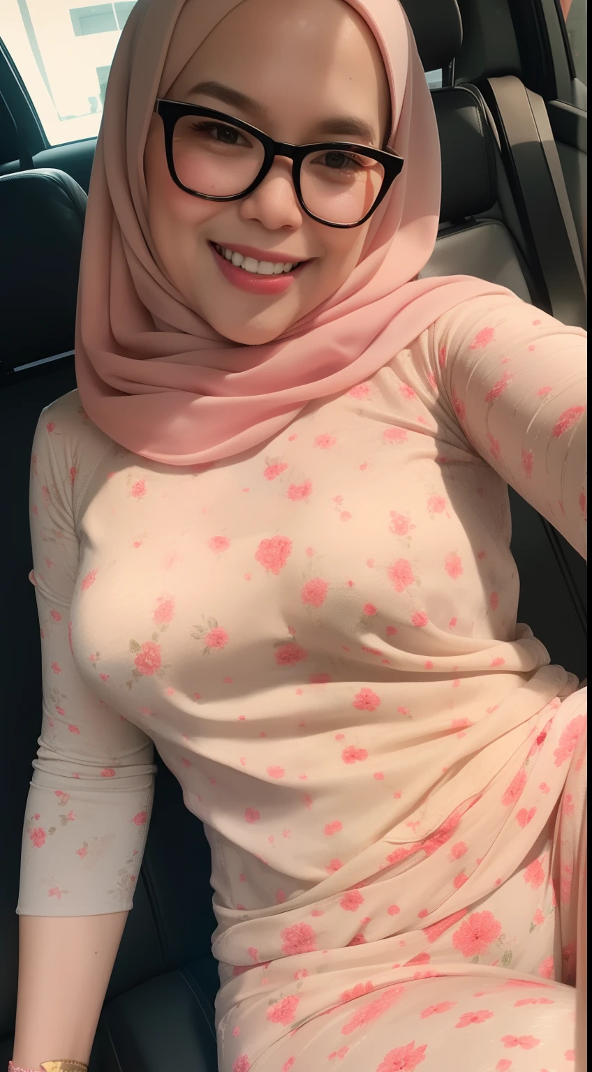Portrait photo of a young malay girl in hijab, (laughing:1.2), malaysian, nerd, glasses, posing, look at a camera, big front teeth, cute, small breast, small tits, flat chest, skinny, full body, detailed skin, realistic skin, detail skin texture, freckles' skin, white hijab,  red pastel cute cotton bra and panties, wearing pastel red floral cotton underwear, camel toe, night city background, city light background, backlit, (cinematic:1.5), epic realistic, hyperdetailed, detailed skin texture, camel toe, mole below eye, insane details, intricate details, accent lighting, soft volumetric light, bokeh, (dramatic light:1.2), (neutral colors:1.3), cross process, night busy market background, (((from bottom)))), dark room, foreshortening, (seductive pose), looking at the viewer, smiling, blackcutoffs, (eye contact),