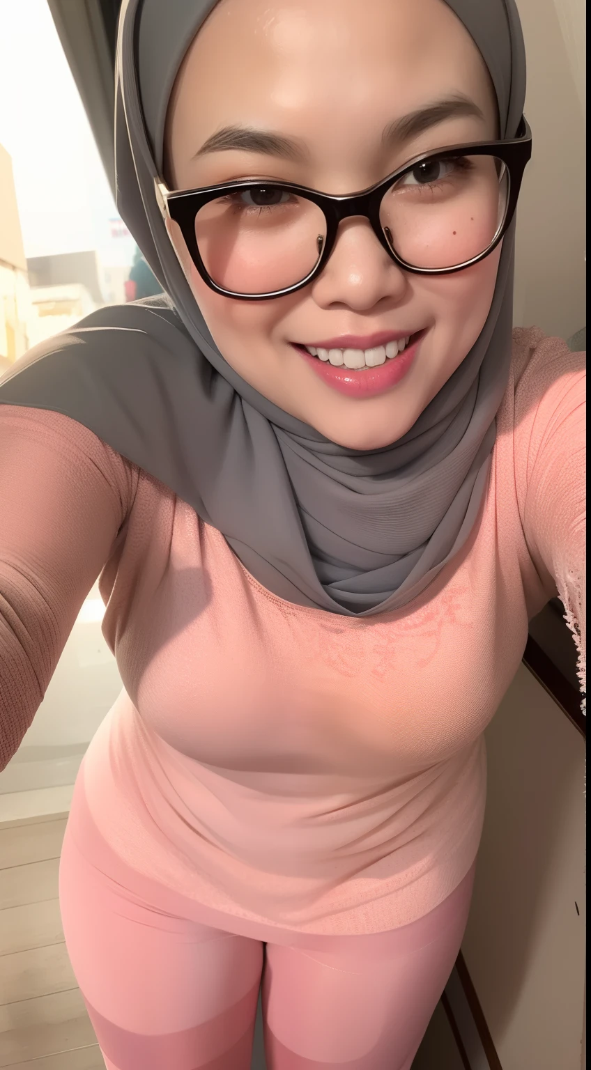 Portrait photo of a young malay girl in hijab, (laughing:1.2), malaysian, nerd, glasses, posing, look at a camera, big front teeth, cute, small breast, small tits, flat chest, skinny, full body, detailed skin, realistic skin, detail skin texture, freckles' skin, white hijab,  red pastel cute cotton bra and panties, wearing pastel red floral cotton underwear, camel toe, night city background, city light background, backlit, (cinematic:1.5), epic realistic, hyperdetailed, detailed skin texture, camel toe, mole below eye, insane details, intricate details, accent lighting, soft volumetric light, bokeh, (dramatic light:1.2), (neutral colors:1.3), cross process, night busy market background, (((from bottom)))), dark room, foreshortening, (seductive pose), looking at the viewer, smiling, blackcutoffs, (eye contact),