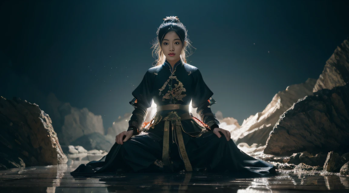 Kunlun Mountain，The black-haired fairy descends the mountain，Bajiquan stunts，Pure mantra hard ginseng，full bodyesbian，Combat posture，Low viewing angle，Dim background，It was surrounded by a large amount of thick white fog，（（an extremely delicate and beautiful one），（（Brunette hair all over the body）），（（lightning in hand）），Lightning surrounds the dark-haired woman，（（lightning chain）），Taoist temple，Taiqing Palace，Suspended crystals，There is lightning inside the crystal，unreal-engine，巨作， the highest picture quality，Highest resolution，8K,Extremely detailed images，Moon light，Shadow optimization，Realistic style，Black Haired Woman