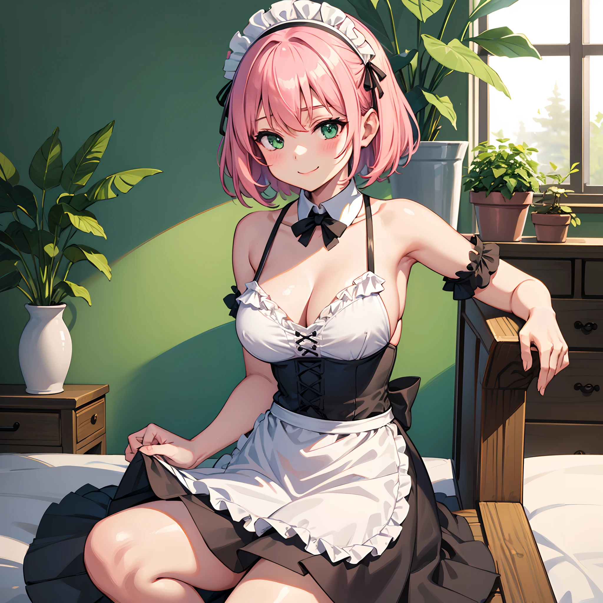 super fine illustration , 1girl , apron , bangs , bare shoulders , bikini, black bikini, green eyes , pink hair , black skirt , blush , cosplay , detached collar , frills, hair between eyes , leaf , ligne claire, maid , maid bikini , maid headdress , miniskirt , navel , short hair , skirt , solo , swimsuit , ,waist apron , white apron , smiling , smirk , happy , shy , blushing , potted flower , bedroom, large breasts,