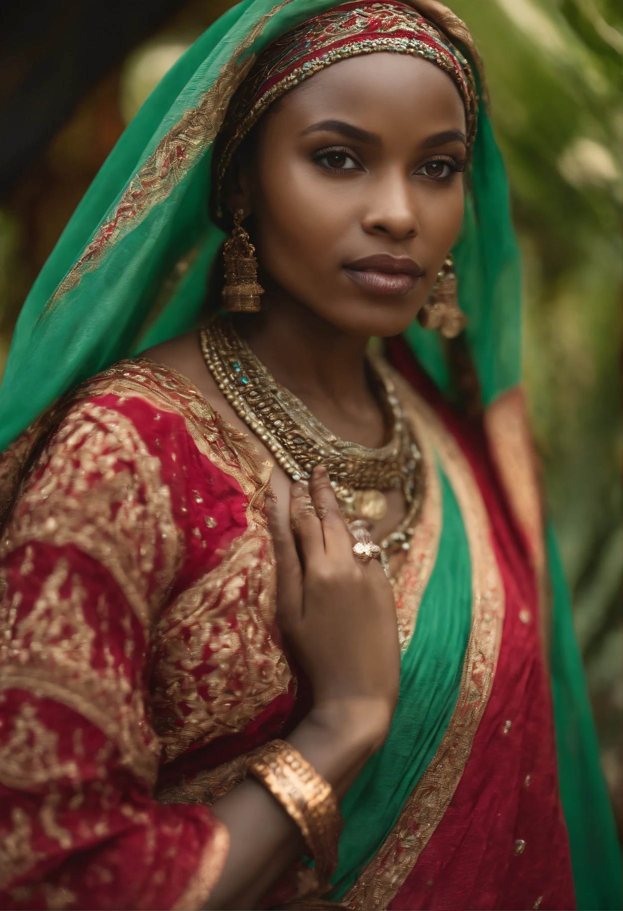 (Realistic video,Ultra-detailed),(Best quality,4K,8k,high resolucion,Masterpiece:1.2),(Hdr,UHD),(portrait,artiste conceptuel:1.1),A young mixed-race African woman wearing a veil walking towards the camera,beautiful detailed  eyes,beautiful detailed lips,Highly detailed face and eyes,Cils longs,wear traditional African clothing in bright colors,Une expression sereine,Walk gracefully through a lush garden with blooming flowers,a soft natural light illuminating his face,green foliage creating a peaceful background,Image avec des teintes chaudes et un contraste riche.