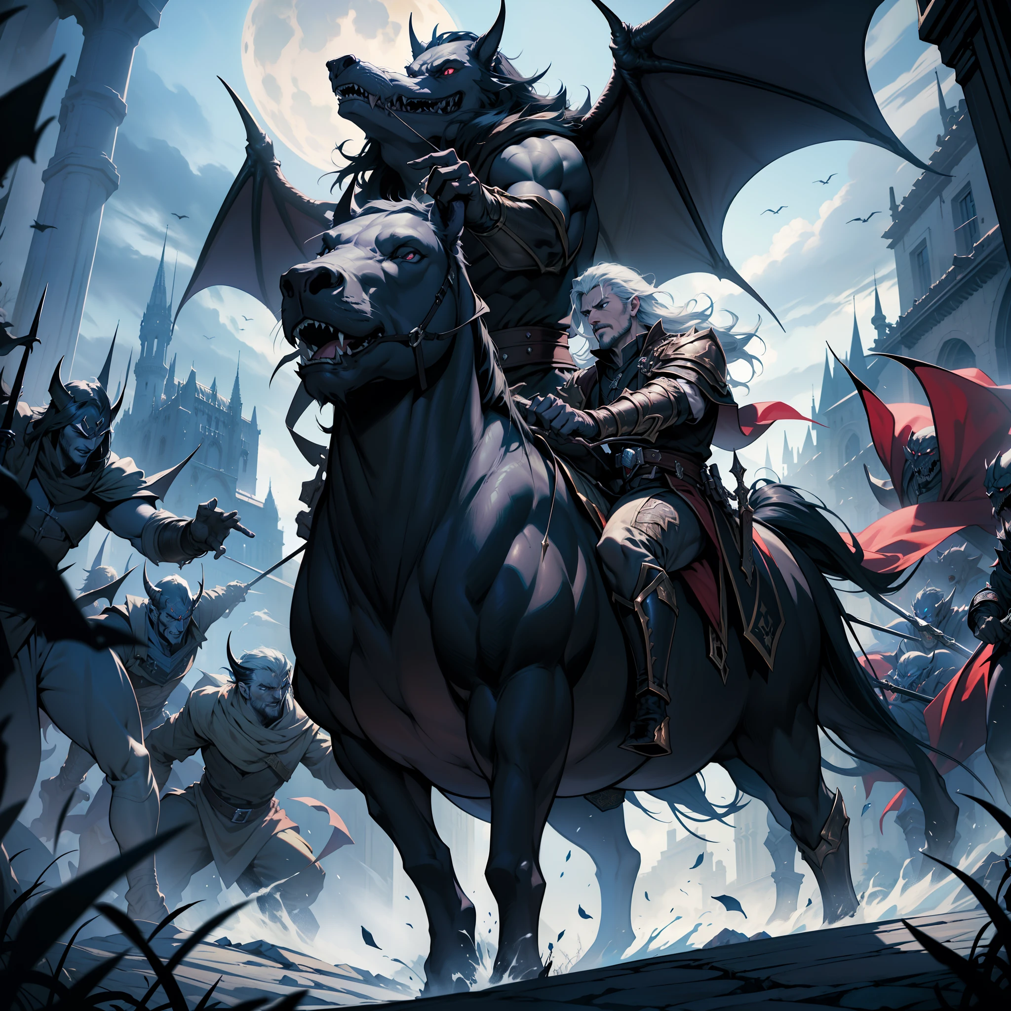 Castlevania Lord of the shadows hyper realistic super detailed Dynamic shot master piece scene cinématique scènes movie Epic Legendary Lord Dracula leading troops army of demons and Beasts to battle War atmosphere medieval hyper realistic super detailed faces hyper realistic super detailed poses correct Anatomy correct proportions super detailed