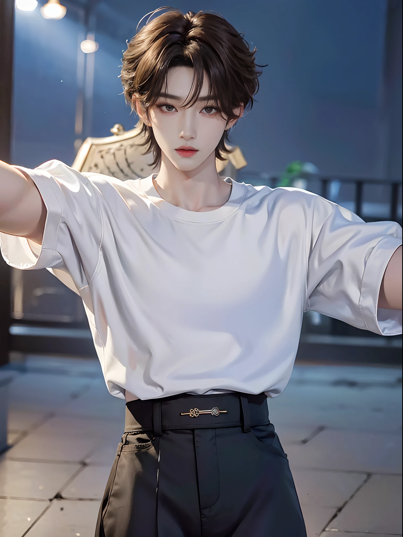 ​masterpiece、（top-quality)、((high-level image quality))、One Manly Boy、Slim body、((White Y-shirt and long black pants:1.1))、(Detailed beautiful eyes)、Walking together on the road at night、Face similar to Chaewon in Le Selefim、((short hair above the ears))、((Smaller face))、((Neutral face))、((Light brown eyes))、((Korean boy))、((18year old))、((Handsome man))、((Wild look))、((Korean Makeup))、((elongated and sharp eyes))、((Take a selfie))、((Shooting from close range))