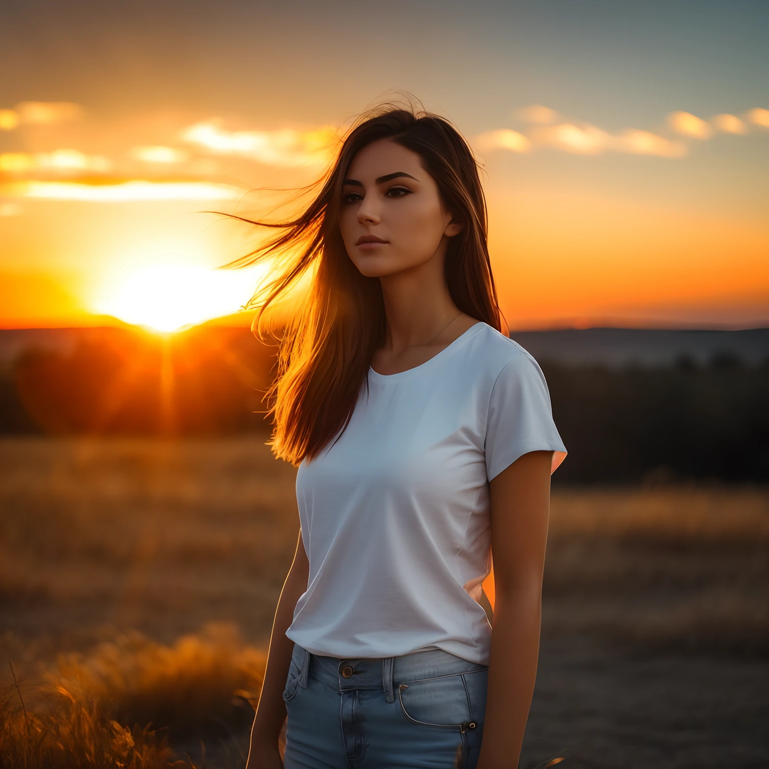 arafed woman standing in a field at sunset with her hair blowing in the wind, during a sunset, with a sunset, girl watching sunset, with sunset, at a beautiful sunset, beautiful girl on the horizon, at golden hour, in the sunset, attractive girl, sunset light, golden hour 8k, golden hour 8 k, dressed in a white t shirt