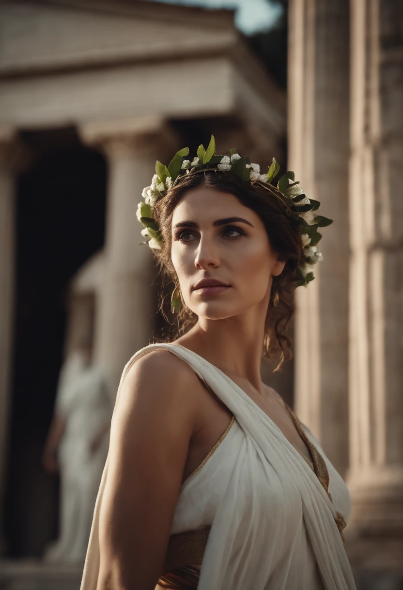 greek beautiful woman at greek temple, toga and laurel wreath