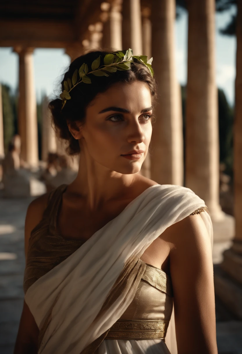 greek beautiful woman at greek temple, toga and laurel wreath