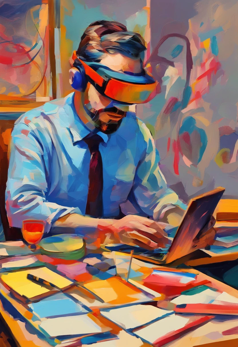 Cartoon character wearing VR glasses，In class，there are cameras，Pigment box，There are interior design drawings on the table，UAVs，Cartoon image，plethora of colors，Be positive, bigger room
