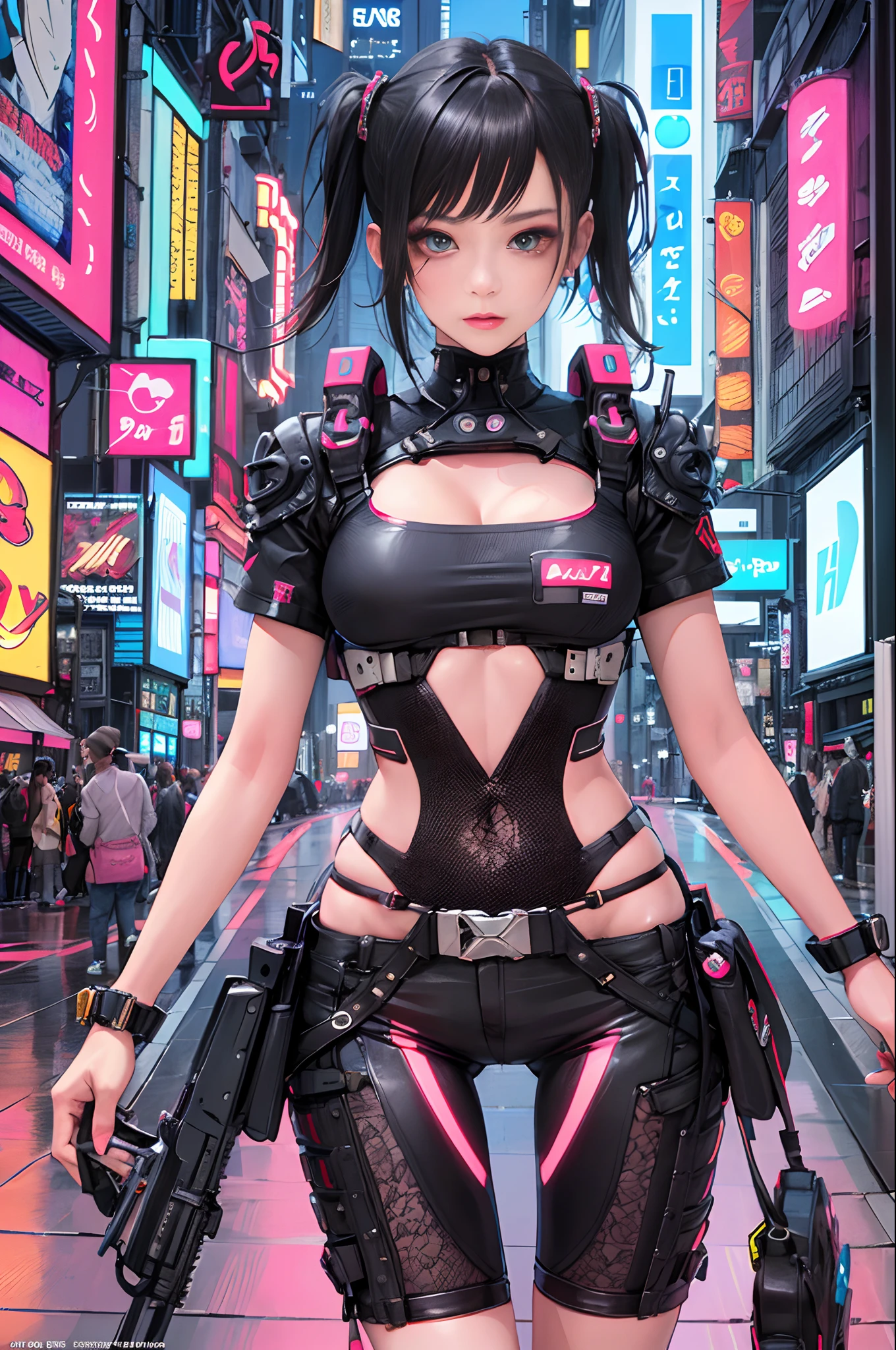 masterpiece, best quality,
1 cyberpunk girl, looking at viewer, cowboy shot, 
Confident girl with slightly sassy expression, Harajuku-inspired pop outfit, bold colors and patterns, eye-catching accessories, trendy and innovative hairstyle, vibrant makeup, futuristic and orderly dazzling Cyberpunk cityscape, skyscrapers, neon signs, LED lights, bright and vivid color scheme,
anime, illustration,  beautiful detailed face, intricate details, ultra detailed,