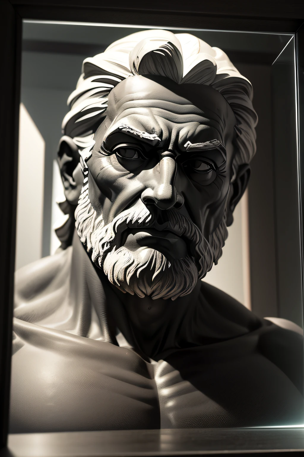 Black and gray greek statue of thoughtful old man, olhando para oa lado, com a metade do corpo sentado, arms crossed in the crack of the glass, musculoso, barba bem longa. cinza, preto, com o fundo dark