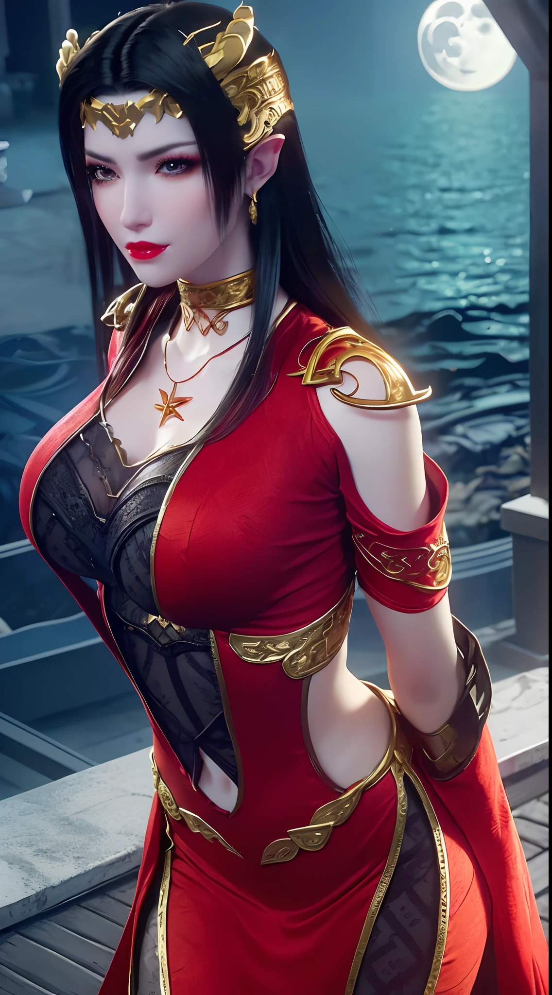 1 extremely beautiful queen, ((wears a red traditional Han costume with thin black patterns:1.6)), (((Patterns on clothes:1.6))), ((long black hair:1.6)), jewelry elaborately made from precious stones and beautiful hair, ((wearing a 24k gold lace necklace:1.4))), the noble, noble style of an extremely beautiful girl, her small face is super cute, her face is very pretty, thin eyebrows, flawless beautiful face, ((black eye pupils: 0.8)), very beautiful eyes, ((platinum blue eyes: 1.6)), (((big round eyes:1.6))), nice makeup and hair detailed eyelashes, steamy eye makeup, high nose, earrings, red lips, ((closed mouth: 1.5)) beautiful lips, slim hands, most beautiful thighs, ((arms spread out to the sides: 1.5)), rosy face, clean face, flawless beautiful face, smooth white skin, (big breasts: 1.5)), ((high breasts: 1.6)), tight breasts, beautiful cleavage, (((big breasts and super round: 1.8))), ((super tight breasts: 1.7)) , beautiful breasts, perfect body, back arms, chest out, thin black mesh stockings with black lace trim, 8k photo, super high quality, super realistic, super 10x pixels, optical, bright studio, bright edges, dual-tone lighting, (high-detail skin:1.2), super 8k, soft lighting, high quality, volumetric lighting, photorealistic, photorealistic high resolution, lighting, best photo, 4k, 8k quality, blur effect, smooth sharp, 10 x pixel, ((sea and moonlight at night background:1.5)), aurora, lightning, super graphics realistic, most realistic graphics, 1 girl, alone, solo, Extremely sharp image, surreal, (((frontal portrait: 1)))."