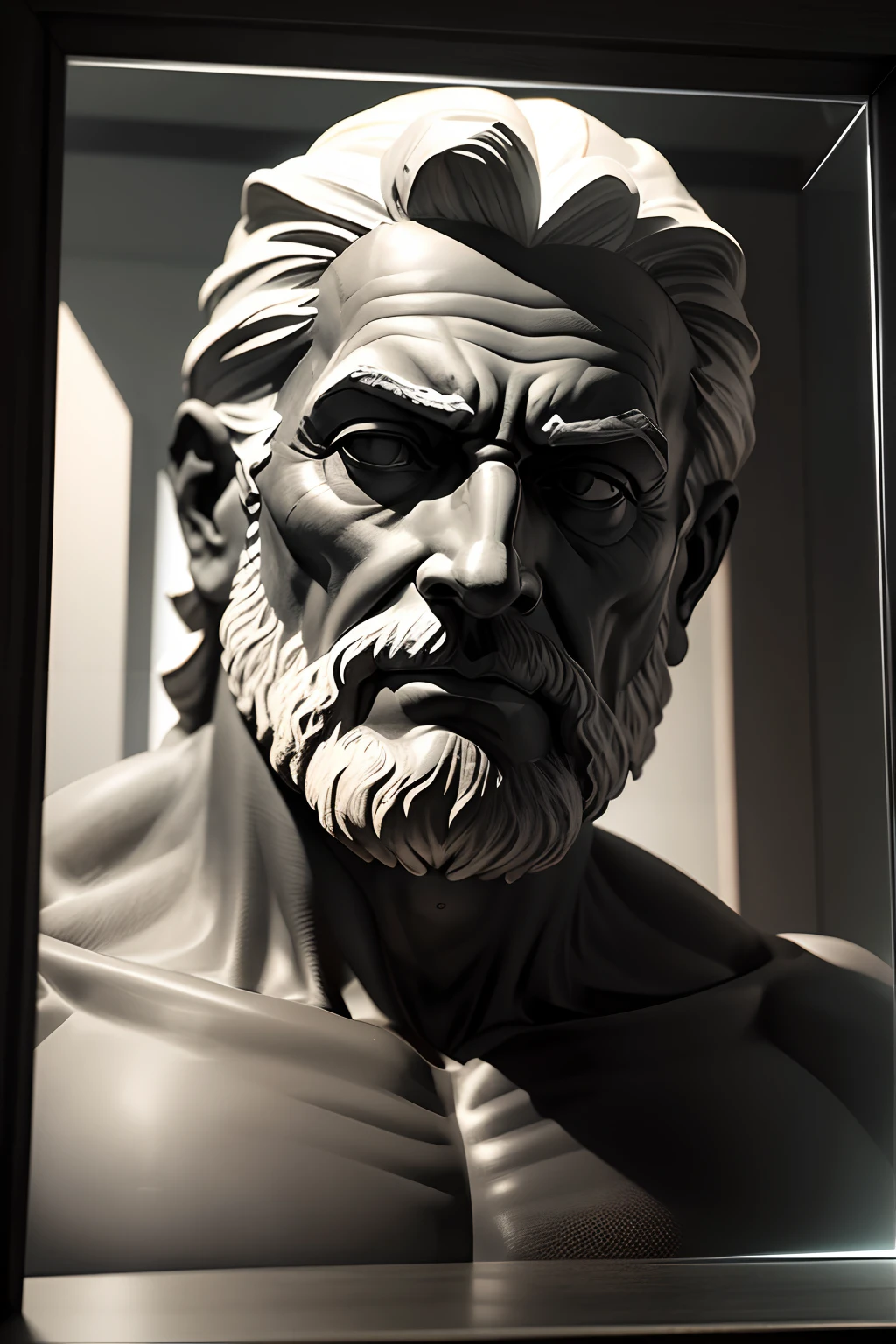 Black and gray greek statue of thoughtful old man, olhando para oa lado, com a metade do corpo sentado, arms crossed in the crack of the glass, musculoso, barba bem longa. cinza, preto, com o fundo dark