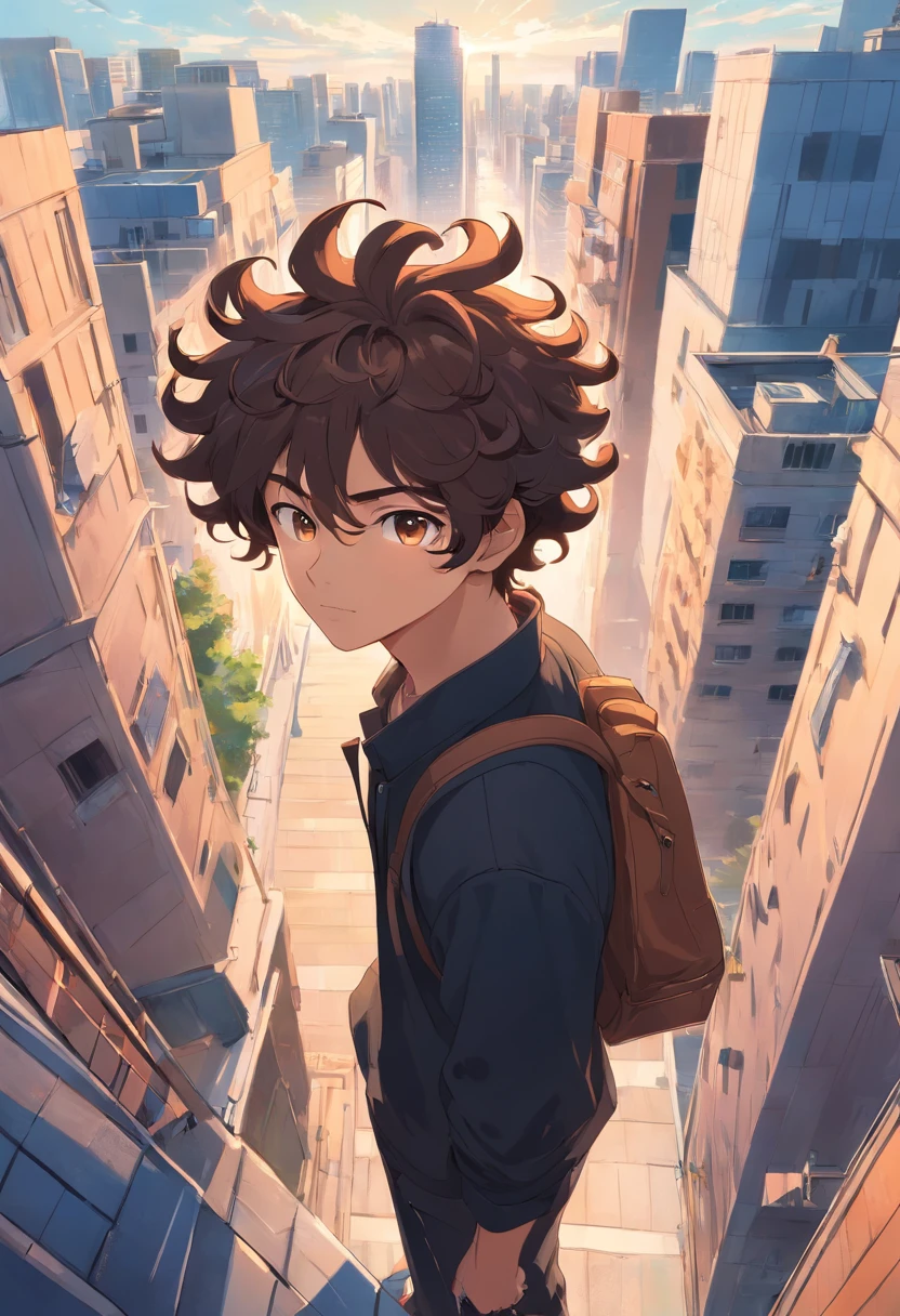 A young teenage man with a large curly hair is in a black outfit with white details and brown eyes on top of a building