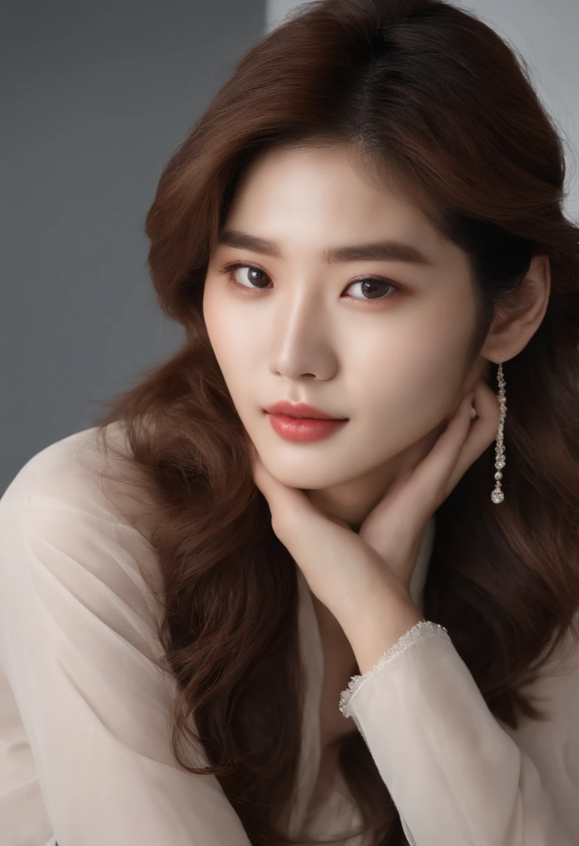 Korean male, very beautiful, charismatique, regard profond, aegyosal sous les yeux, upper lip larger than lower lip, Sculpted physics, lightly tanned skin, Cheveux courts, strands on the face, sourire en coin, 22 ans