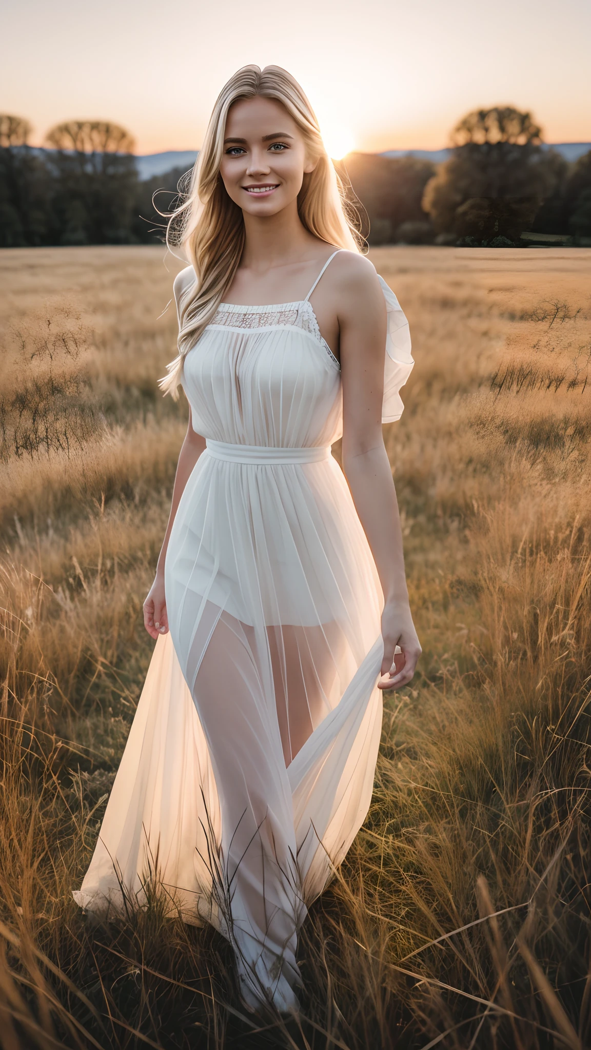A ultra hot gorgeous European graceful Nordic spring goddess. She’s a playmate, men magazine model, age 23. standing amidst a vibrant meadow of blooming flowers, radiating ethereal beauty and wearing a flowing gown that reflects the colors of the season. Her golden hair softly illuminated by the warm sunlight, she exudes an aura of renewal and rebirth, enchanting all who behold her with her serene presence.