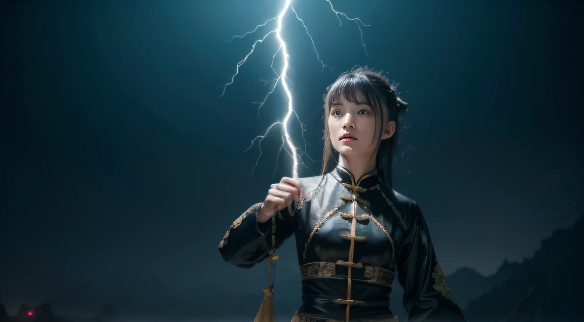 Kunlun Mountain，The black-haired fairy descends the mountain，Bajiquan stunts，Pure mantra hard ginseng，full bodyesbian，Combat posture，Low viewing angle，Dim background，It was surrounded by a large amount of thick white fog，（（an extremely delicate and beautiful one），（（Brunette hair all over the body）），（（lightning in hand）），Lightning surrounds the dark-haired woman，（（lightning chain）），Taoist temple，Taiqing Palace，Suspended crystals，There is lightning inside the crystal，unreal-engine，巨作， the highest picture quality，Highest resolution，8K,Extremely detailed images，Moon light，Shadow optimization，Realistic style，Black Haired Woman