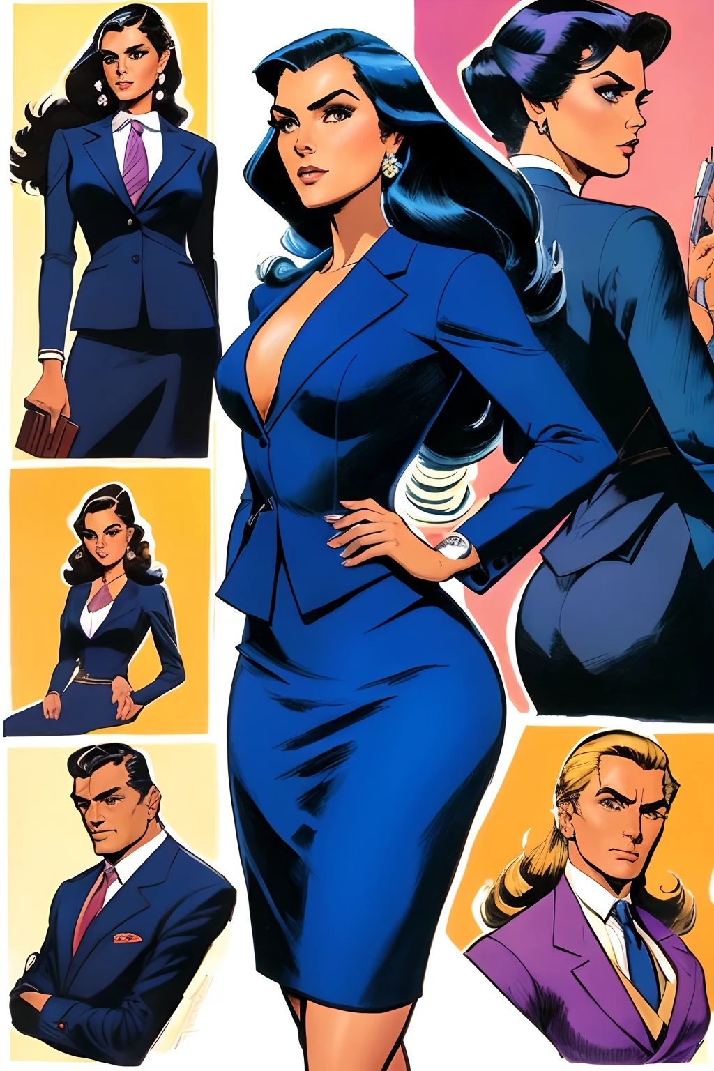 Arte estilo John Buscema, uma bela mulher de longos cabelos negros sedosos, olhos castanhos claros, corpo delgado, usando roupa de executiva de uma empresa famosa, Women's suit composed of jacket and skirt up to the knee, cor azul-escuro, standing with a look full of seriousness, imponente empresaria