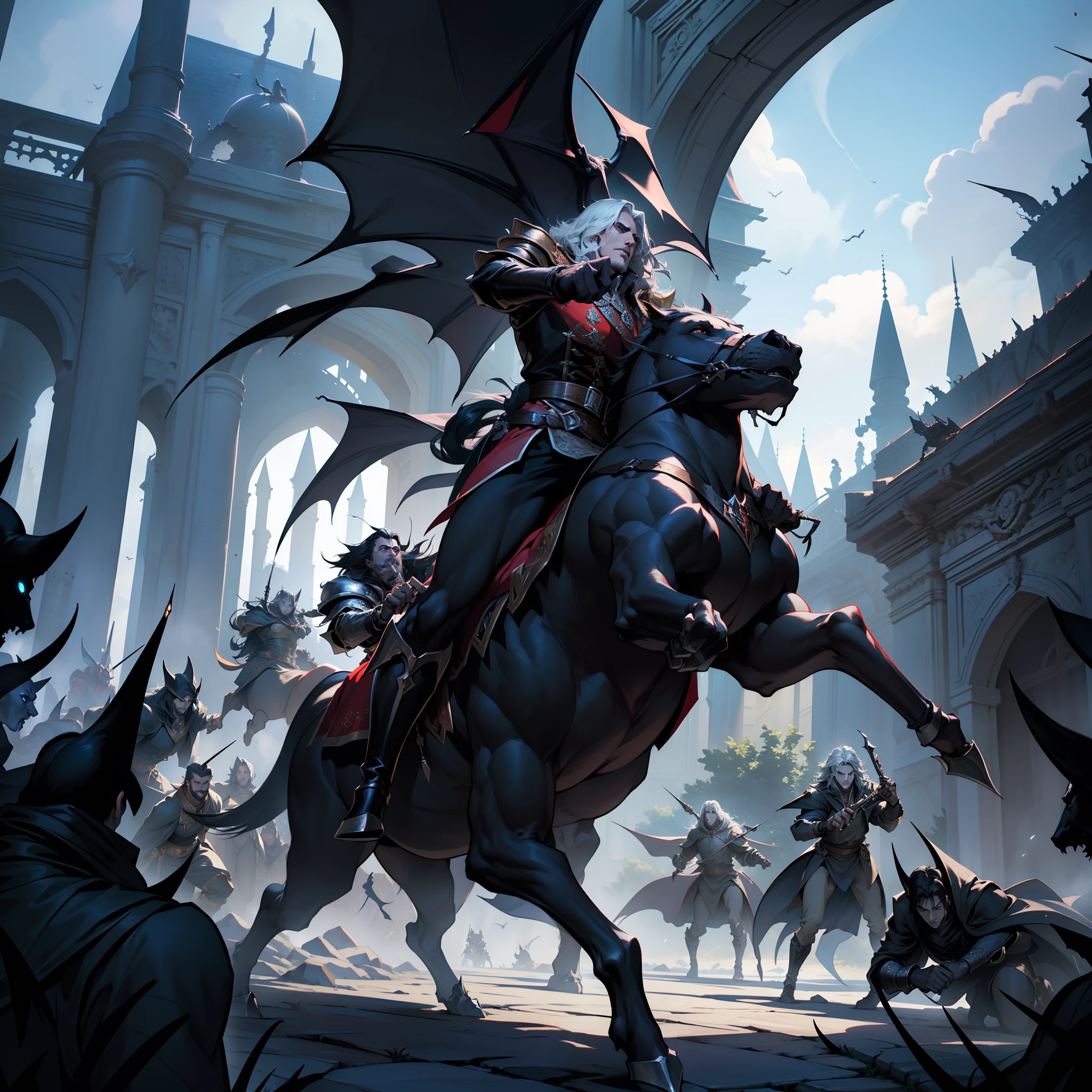 Castlevania Lord of the shadows hyper realistic super detailed Dynamic shot master piece scene cinématique scènes movie Epic Legendary Lord Dracula leading troops army of demons and Beasts to battle War atmosphere medieval hyper realistic super detailed faces hyper realistic super detailed poses correct Anatomy correct proportions super detailed