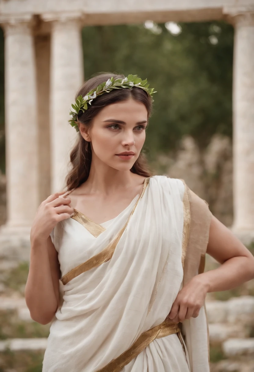 greek beautiful woman at greek temple, toga and laurel wreath