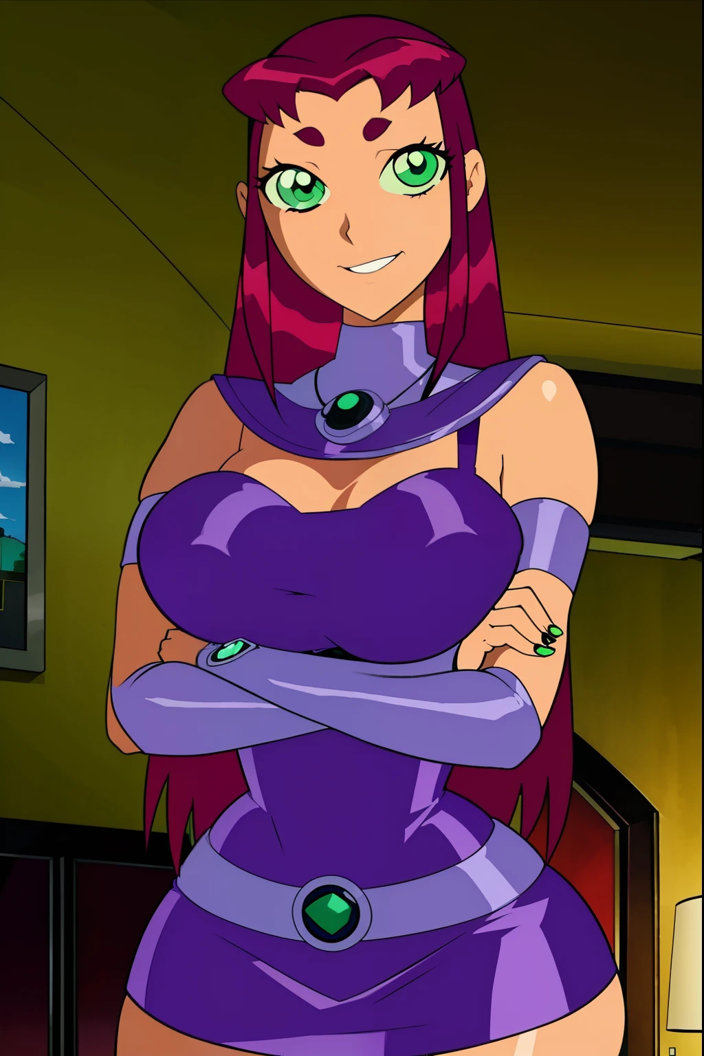 Teen titans, Starfire, anime, masterpiece, 1girl, ((bimbo))), green eyes, beautiful eyes, smile face, long red hair, wide hips, thick thigh, big breast, huge ass, shiny skin, purple skirt, purple top, crossed arms, looking up at me,