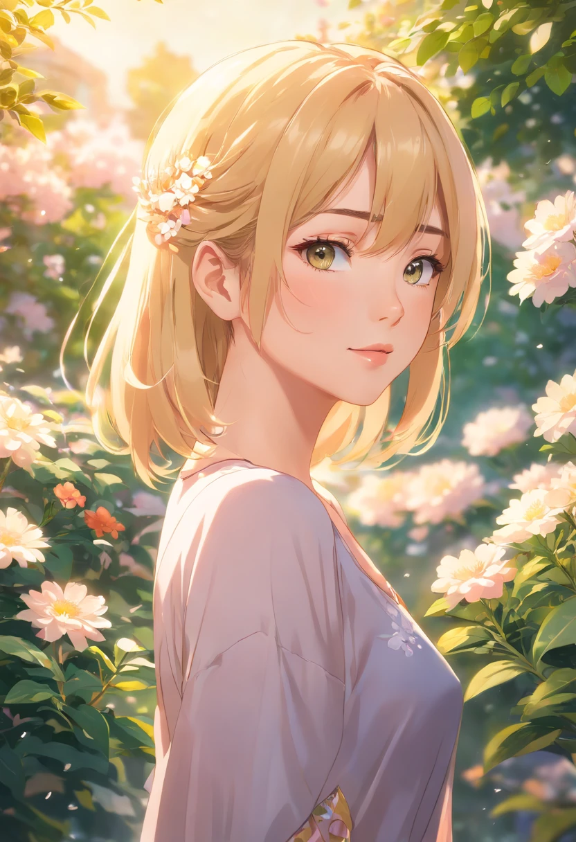 (best quality,4k,8k,highres,masterpiece:1.2),ultra-detailed,realistic,sexy blonde woman,beautiful detailed eyes,beautiful detailed lips,attractive facial features,long blond hair flowing in the wind,natural makeup,well-dressed and stylish clothes,feminine and confident pose,standing in a sunlit garden surrounded by blooming flowers,soft lighting emphasizing her beauty and elegance,adjustable shallow depth of field to create a bokeh effect,impressionistic painting style,gorgeous and vibrant colors,exquisite attention to detail,high-quality photographic rendering,professional studio lighting,subtle hues and warm tones,photorealistic rendering of the woman's skin and hair,to create a captivating and sensual portrait of a real blonde woman.