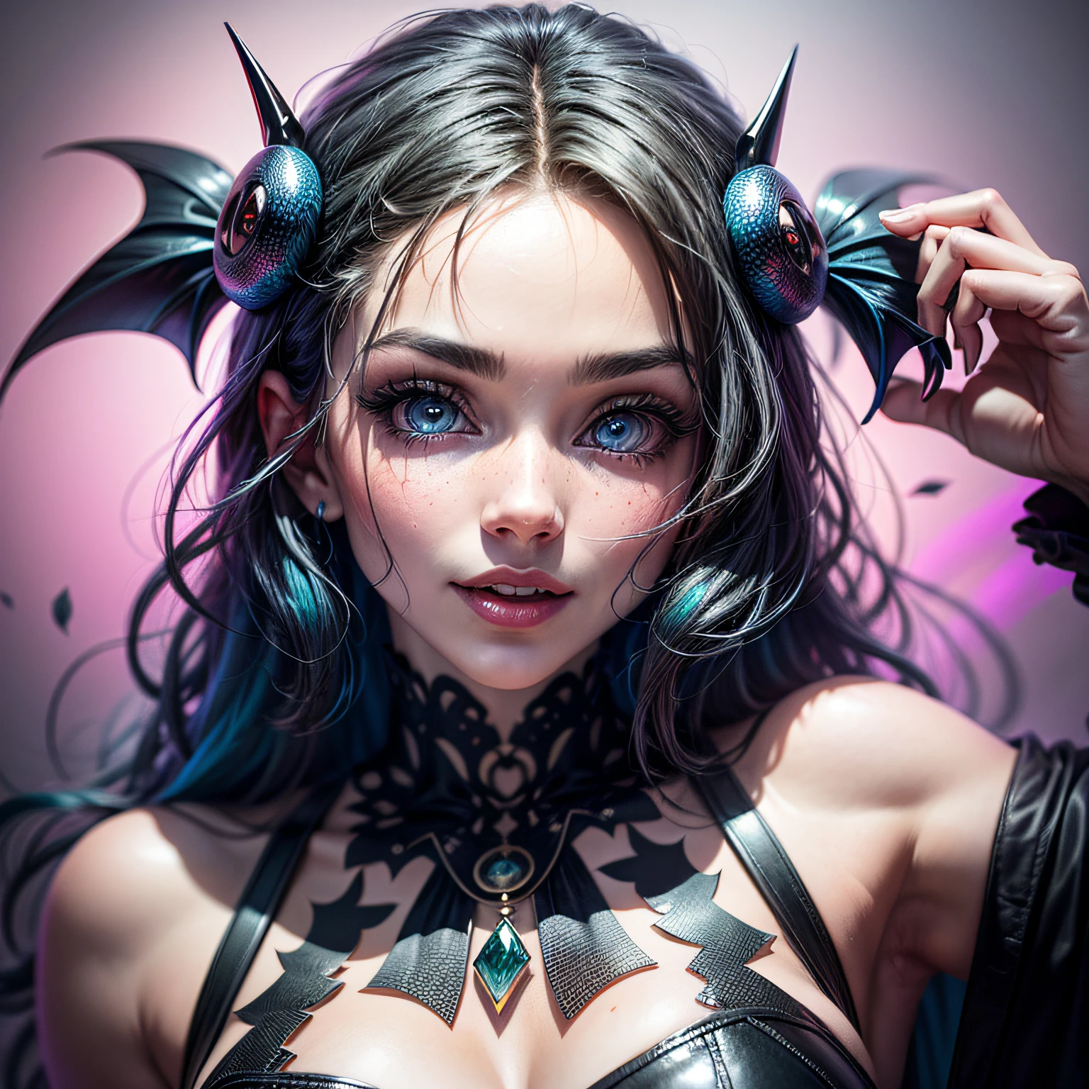 vampira olhos azul, sorriso maligno , de sai curta ,moletom , cabelos preto com mechas rosa obra-prima, melhor qualidade), detalhes intrincados, (melhor qualidade)), ((obra-prima)), ((realista)), (hiperrealismo:1.2), (arte fractal:1.2)olhos extremamente detalhados, coloridos, mais detalhados, cores vibrantes, alto contraste, (8K UHD:1.2), (fotorrealista:1.2), posanto pra foto