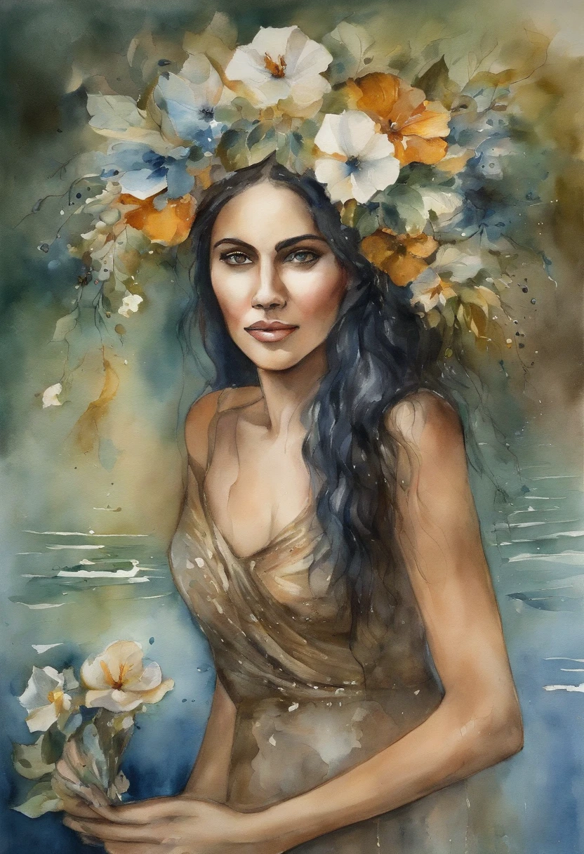 Create a scene that depicts Iemanjá in the waters of the sea, vestida com manto azul, with white flowers falling like petals around you. She holds a golden mirror in her hand.
