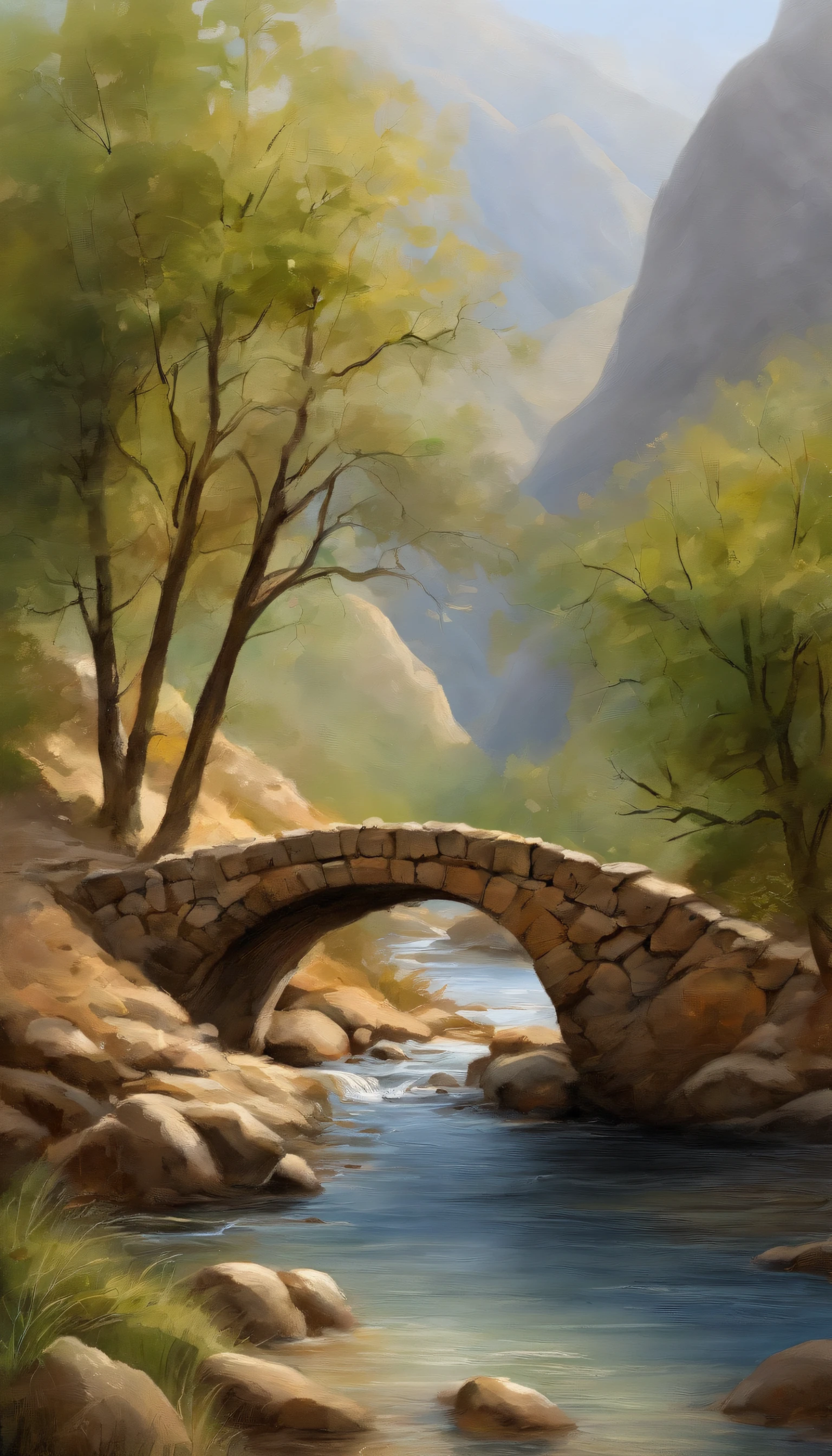 Landscape painting ENGLISH,pintura a tinta y acuarela,Tinta de agua,tinta,mancha,Vista lejana,Ultra-wide viewing angle,meticuloso,Diagrama de cinco vacas,Cinco revendedores,River side,Small stone bridge,Campos de hierba,The tree,The view is a mountain,(Fondo de pantalla de 8k),(Efecto de luces y sombras),Renderizado por Octane,White balance design,Extremely detailed image rendering,wide angles,Profundidad de campos,tmasterpiece,Realista,bellamente representado,Un detallado,Acurate,Obras de maestros,tmasterpiece