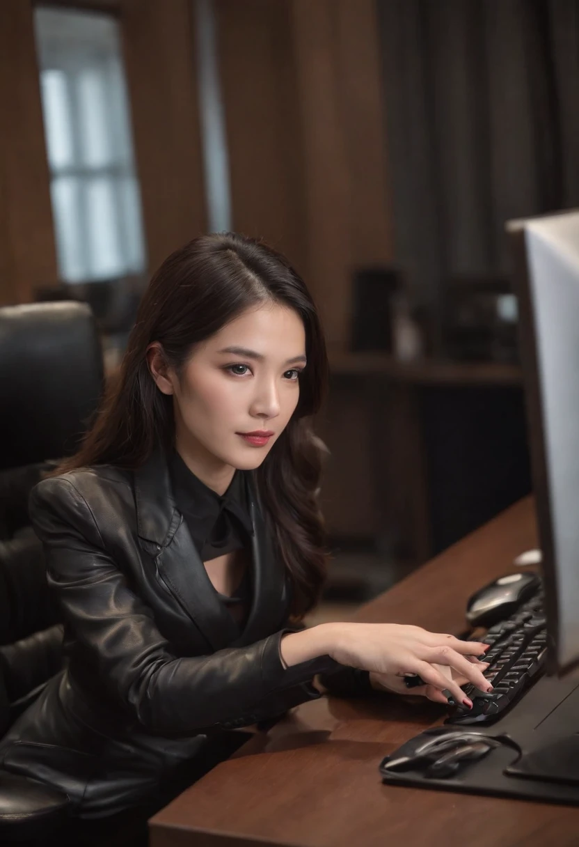 Wearing black leather gloves on both hands, Upper body, Black business suit, Facing the desk in my room with a computer in the dark, Tapping the keys on the computer keyboard with the fingertips of black leather gloves while looking at the screen, Black hair was tied back for a long time, Japan female new employees (Black leather gloves cover both hands) (The angle is in front)