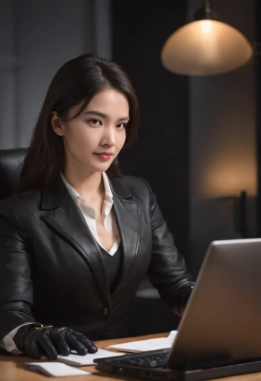 Wearing black leather gloves on both hands, Upper body, Black business suit, Facing the desk in my room with a computer in the dark, Tapping the keys on the computer keyboard with the fingertips of black leather gloves while looking at the screen, Black hair was tied back for a long time, Japan female new employees (Black leather gloves cover both hands) (The angle is in front)