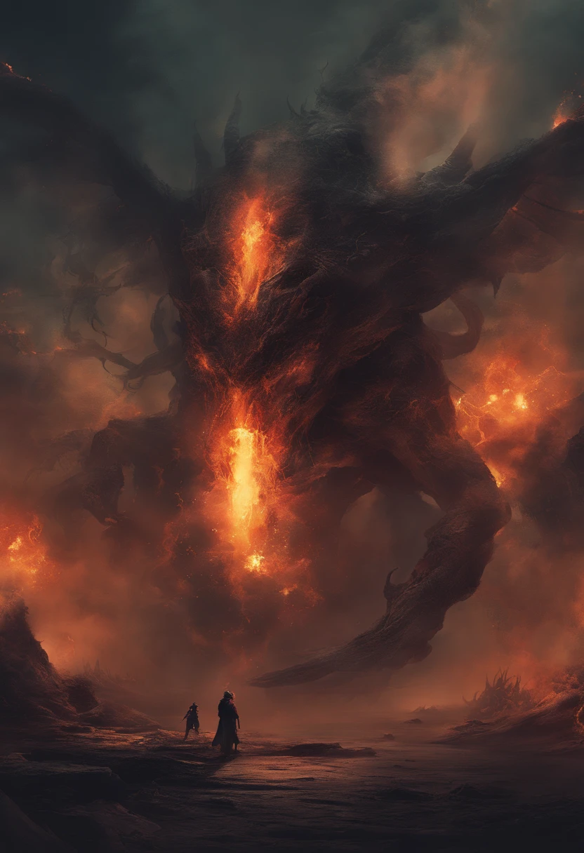 Mysterious creatures from another world, terrifying atmosphere, fire, Smoke, Hyper-Realism, High quality, masutepiece