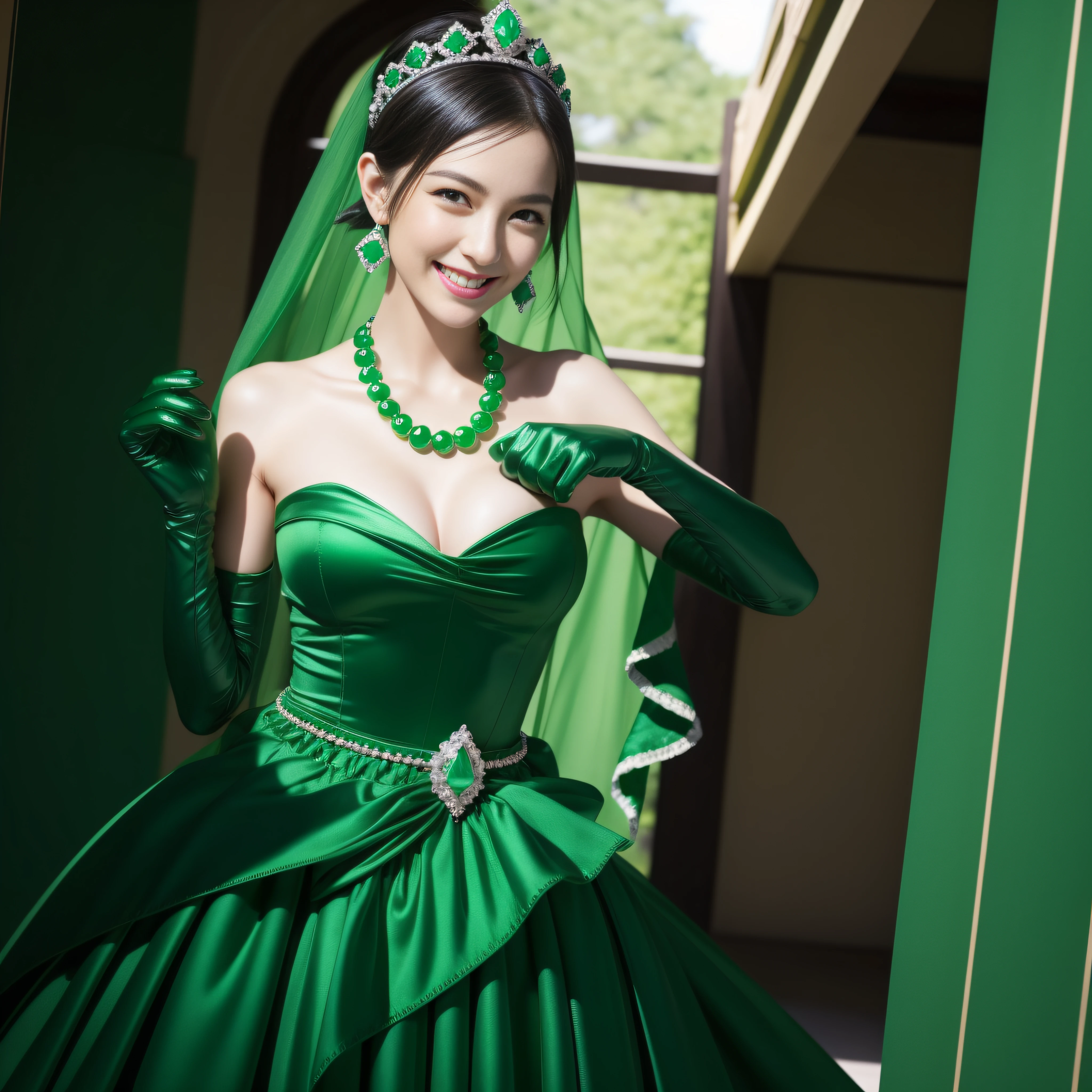 emerald tiara, Green Pearl Necklace, Boyish very short black hair, lipsticks, Japan woman smiling, very short short hair, big breasts beautiful, Green eyes, Long green gloves made of satin material, Green eyes, Emerald Earrings
