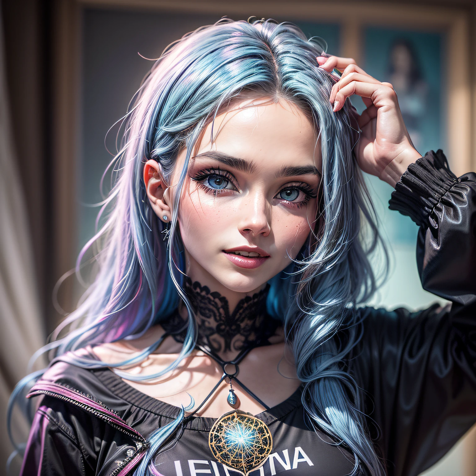vampira olhos azul, sorriso maligno , de sai curta ,moletom , cabelos rosa com mechas roxa obra-prima, melhor qualidade), detalhes intrincados, (melhor qualidade)), ((obra-prima)), ((realista)), (hiperrealismo:1.2), (arte fractal:1.2)olhos extremamente detalhados, coloridos, mais detalhados, cores vibrantes, alto contraste, (8K UHD:1.2), (fotorrealista:1.2), posanto pra foto