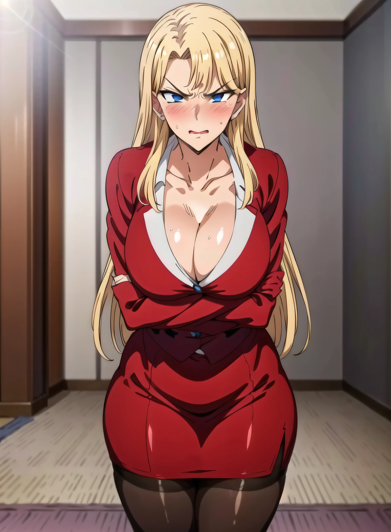 curvy, thick, masterpiece, best quality, highly quality , (((anime style))), collared shirt, cleavage, sitting, jacket, black pantyhose, crossed arms, crossed legs, couch, red skirt suit , (angry , disgusted:1.2), blonde, parted bangs, blue eyes , (blush:1.2) , mature woman , (thighs:1.2) , thick thighs ,
1 girl,Solo, Manga,20yo,mature female,Beautiful Finger,Beautiful long legs,Beautiful body,Beautiful Nose,Beautiful character design, perfect eyes, perfect face, (dark blue eyes:1.2), Expression: looking at viewer, (lustful expression:1.0),(excited:1.3), Picture Quality: official art,extremely detailed CG unity 8k wallpaper, (masterpiece:1.0),(best_quality:1.0), ultra high res,4K,ultra-detailed, photography, 8K, HDR, highres, absurdres:1.2, Kodak portra 400, film grain, blurry background, bokeh:1.2, lens flare, (vibrant_color:1.2) , ultra high res,4K,ultra-detailed, photography, 8K, HDR, highres, absurdres:1.2, film grain, blurry background, bokeh:1.2, lens flare, (vibrant_color:1.2), beautiful body, perfect body, climax, o_face, red cheeks, opened mouth, blush,Ultra Detailed Face, Detailed Lips, Fine Eyes, Double Eyelids, ((( blush: 1.3)), (Beautiful,large_Breasts:1.4), (beautiful_face:1.5),(narrow_waist),