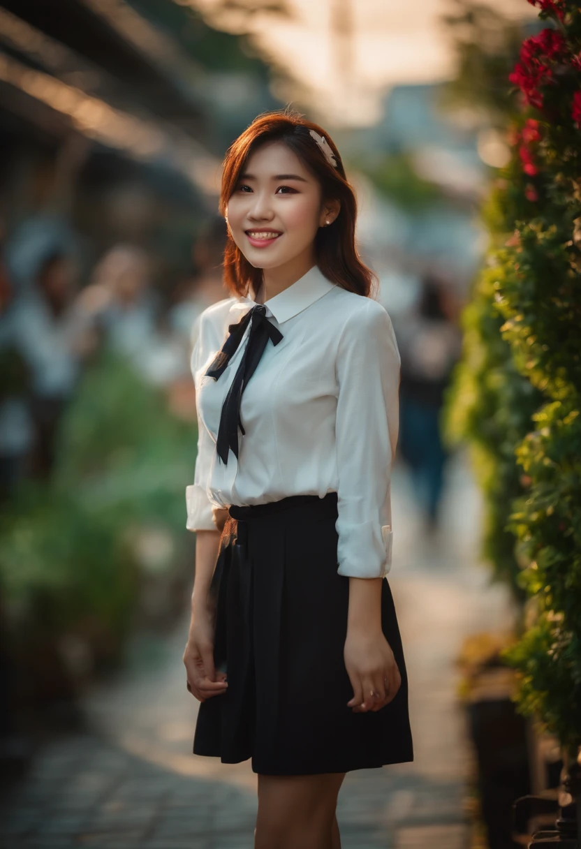 "(best quality, highres, HDR), Japanese girl, cute girl, charming smile, realistic lighting, soft lighting, vibrant colors, bokeh, seductive pose, OOTD outfit, street"
