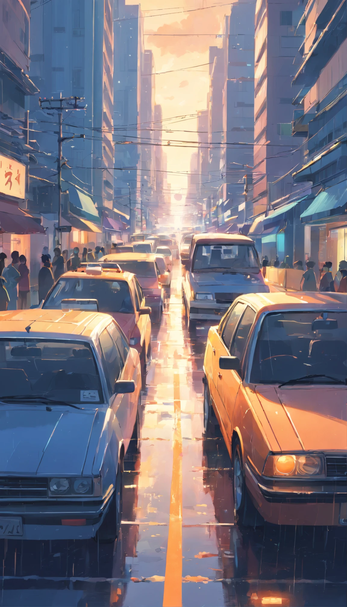 in the city, bad weather , stuck in a traffic jam, People inside cars frustrated.