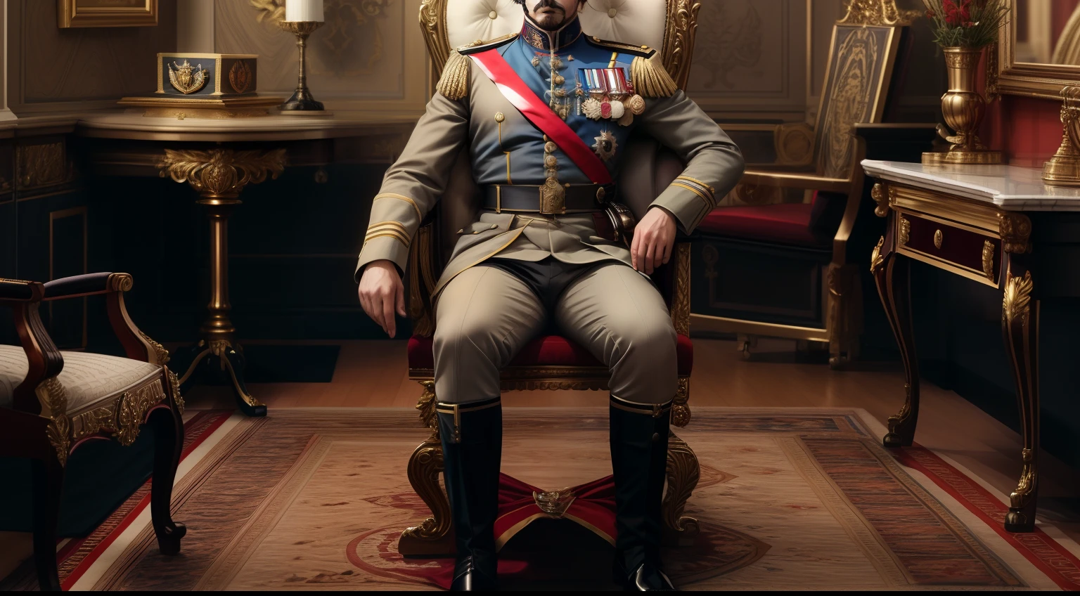 Homem de uniforme sentado em uma cadeira em uma sala, drdisrespect posing as napoleon, drdisrespect as napoleon, xix century military outfit, sentado em seu trono, wearing russian ww 1 clothes, Retrato de um general louco, sentado no trono, Terno da URSS, sentado em um trono, roupas militares estilizadas, epic and elegant portrait, descansando em seu trono