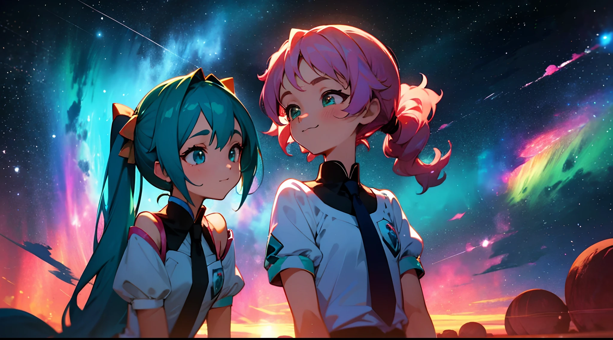 ((colourful, As detailed as possible)), Two Anime Friends, sitting side by side and looking at the camera against the night sky, Two friends, 2 d anime style, flat anime style, in anime style, the anime, anime stylized, glass hair, Glowing Hair, portraite of a, Gemstone uniforms \(The Land of Precious Stones\), black uniform, black necktie, white shirt, puffy short sleeves, Shorts, Smile, puffy short sleeves, Puffy armbands, Shirt, short sleeve, sparkle, (The first girl with a high shoulder-length ponytail and a calm face), beatiful face, multi-colored hair, Hair gradient, Hair color from blue to peach, without bangs, curly curl on the cheek, hairstyle: high ponytail, long tail, hair from Tanzanite, peach-colored eyes, :3, Short eyebrows,(The second girl with two long green pigtails and a happy face), wide eyes, turquoise hair, Turquoise textured hair, (turquoise two pigtails), Night background, natural light, vivid picture, Additional lighting, outer space, the stars, Multi-colored space, Beautiful sky