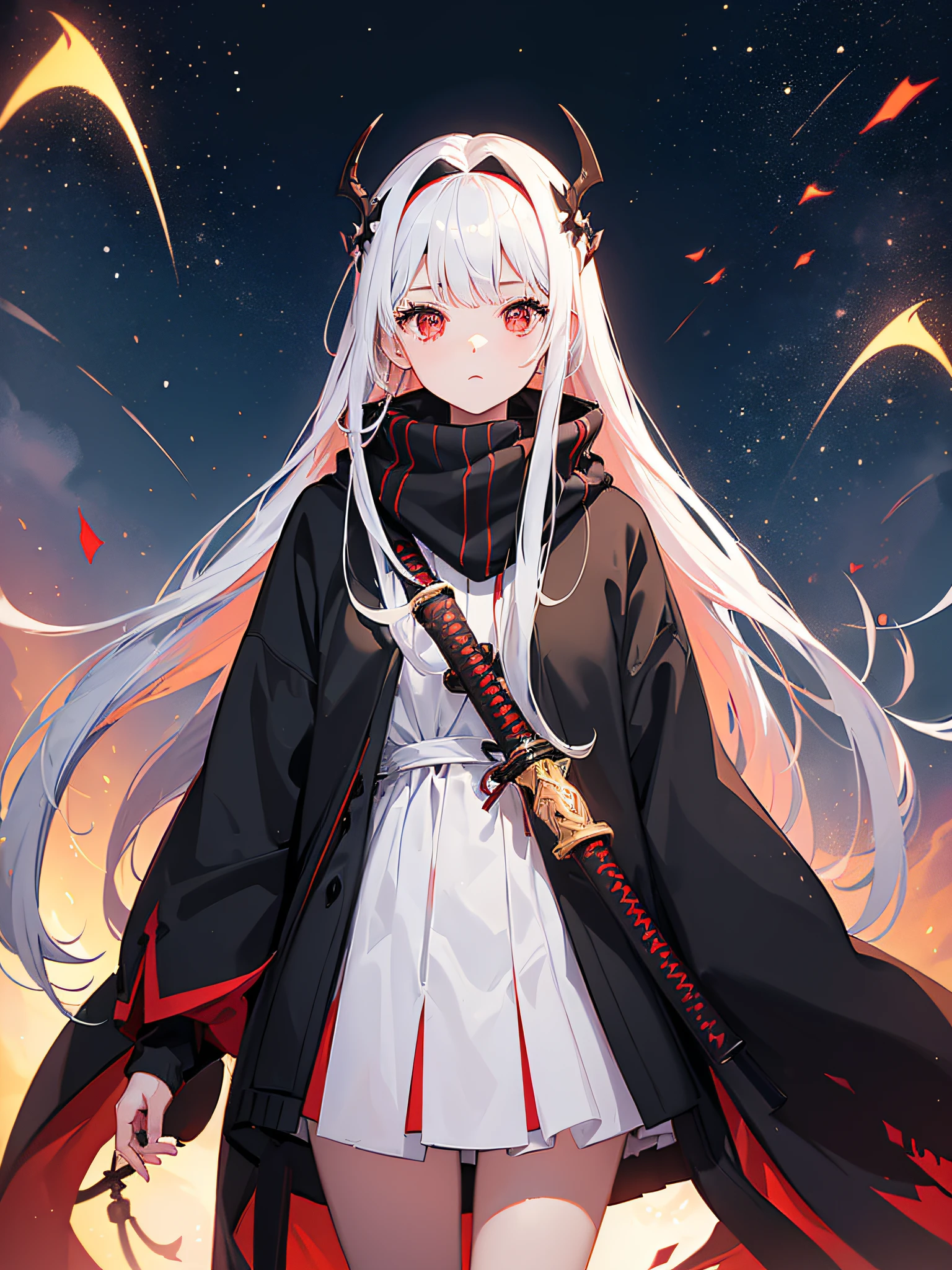 Girl from the front with beaded eyes, head slightly to the side, bright red eyes highlighted, covering part of her face with a large black scarf, large open black sweatshirt, short white blouse, fishnet stockings, Katana on her back, Bats flying around her, alley dark, (ultra-realistic), {extremely detailed 8k CG unit wallpaper}, expansive landscape photography, (a low view that prioritizes the character and the sky above, wide open field view), (low angle shot ), (high light: 1.5), (low light: 1.2), (warm light source: 1.2), complex details, (iridescent colors: 2.0), (bright lighting), (atmospheric lighting), dreamy, Badass, post -apocalyptic