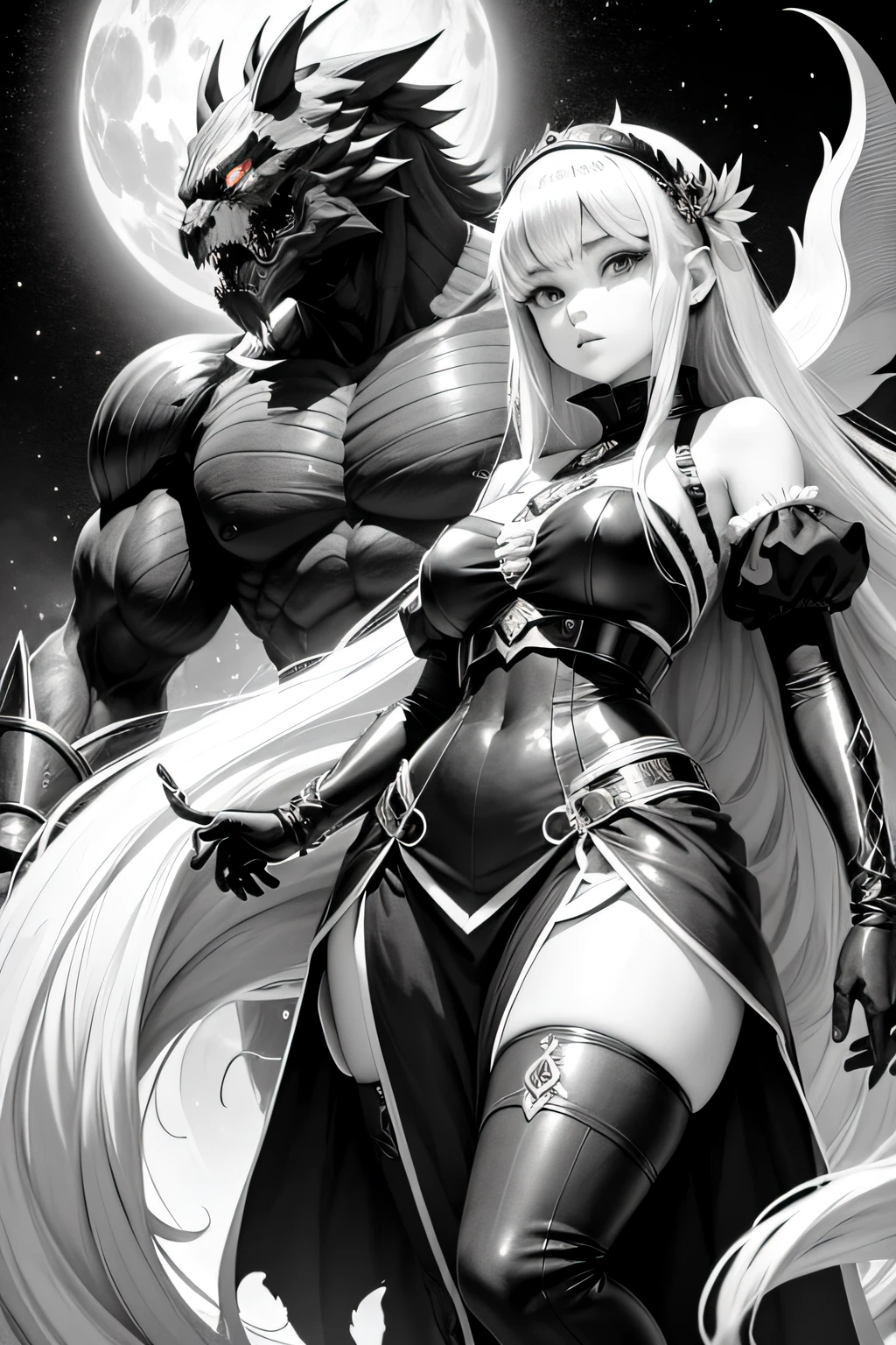 cute anime girl with her large monster protector and friend, holding the monsters hand, black and white line art