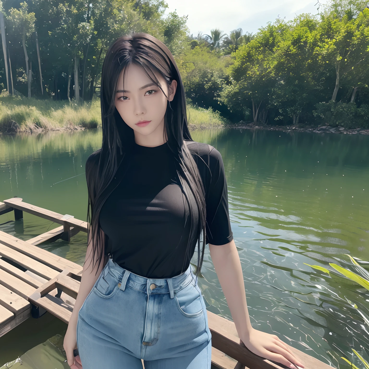 top-quality、​masterpiece、超A high resolution、Photorealsitic、Raw foto, beautiful girl、wet hair、a wet body、water drop on the skin、full body, background beautiful picturesque lake (photo realistic) (realistic lighting) (realistic hands) (realistic fingers) (detailed hands) (detailed fingers) (8k)(realisric lighting)(black hair) (medium sized breasts) (wet black tee-shirt) (jeans) (on a dock) (perfectly proportioned)