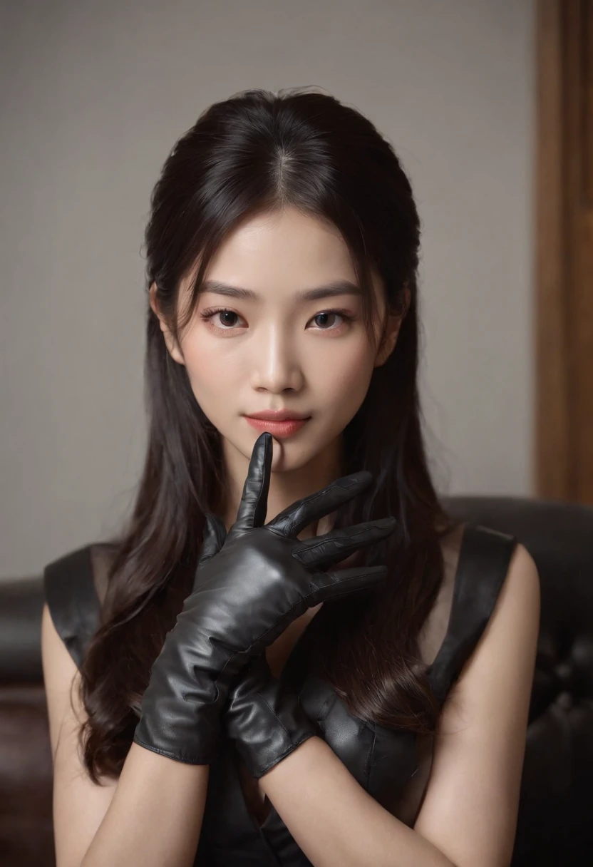 The upper body is covered with black leather gloves up to the fingertips of both hands. Black Recruitment Suit. Sitting on a leather chair on a desk in my room holding a computer in the dark, Talk to the other side of the screen. long, Black hair bunched back. See this, Messing with hair with fingertips in black leather gloves, Very cute Japan person