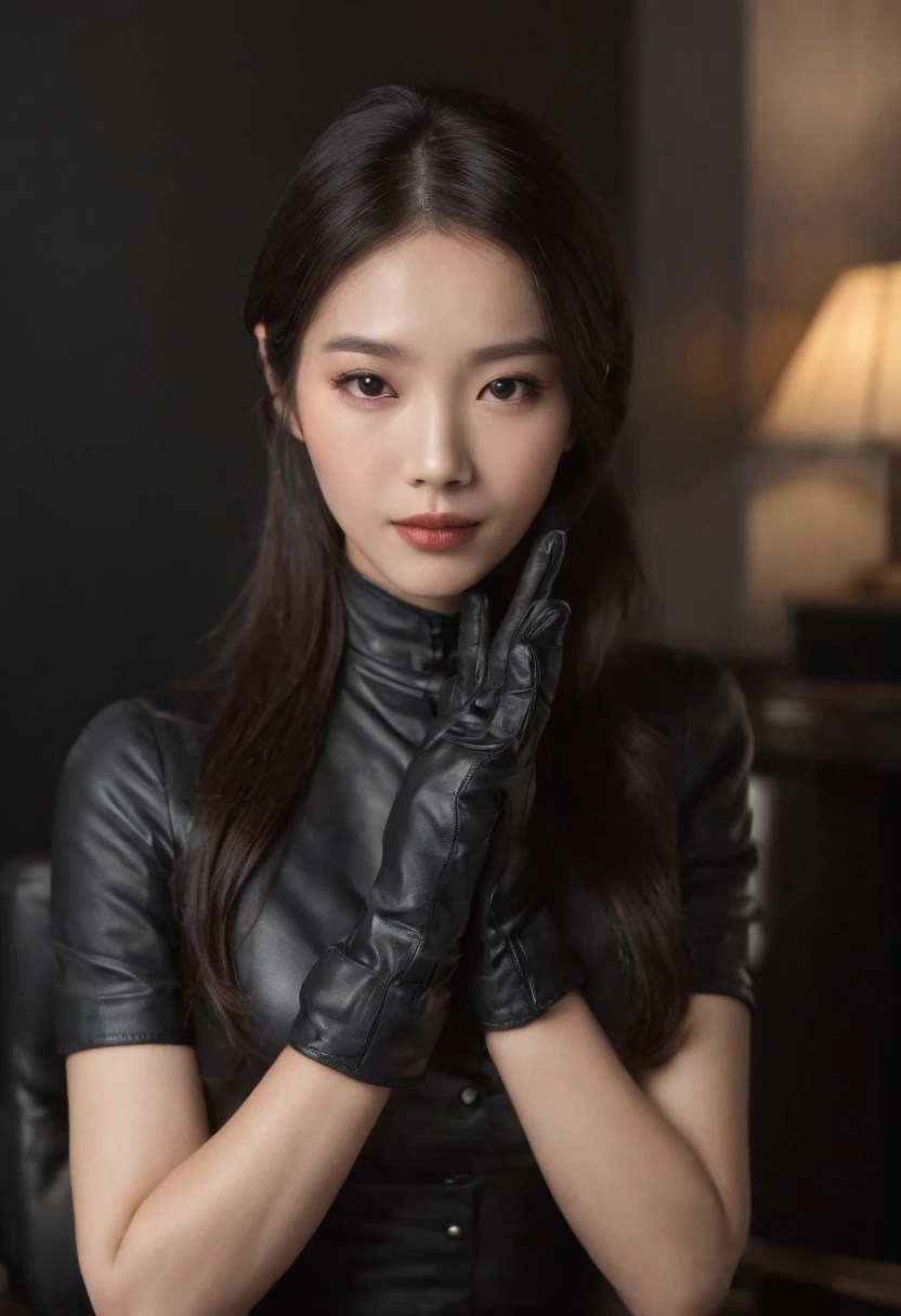The upper body is covered with black leather gloves up to the fingertips of both hands. Black Recruitment Suit. Sitting on a leather chair on a desk in my room holding a computer in the dark, Talk to the other side of the screen. long, Black hair bunched back. See this, Messing with hair with fingertips in black leather gloves, Very cute Japan person