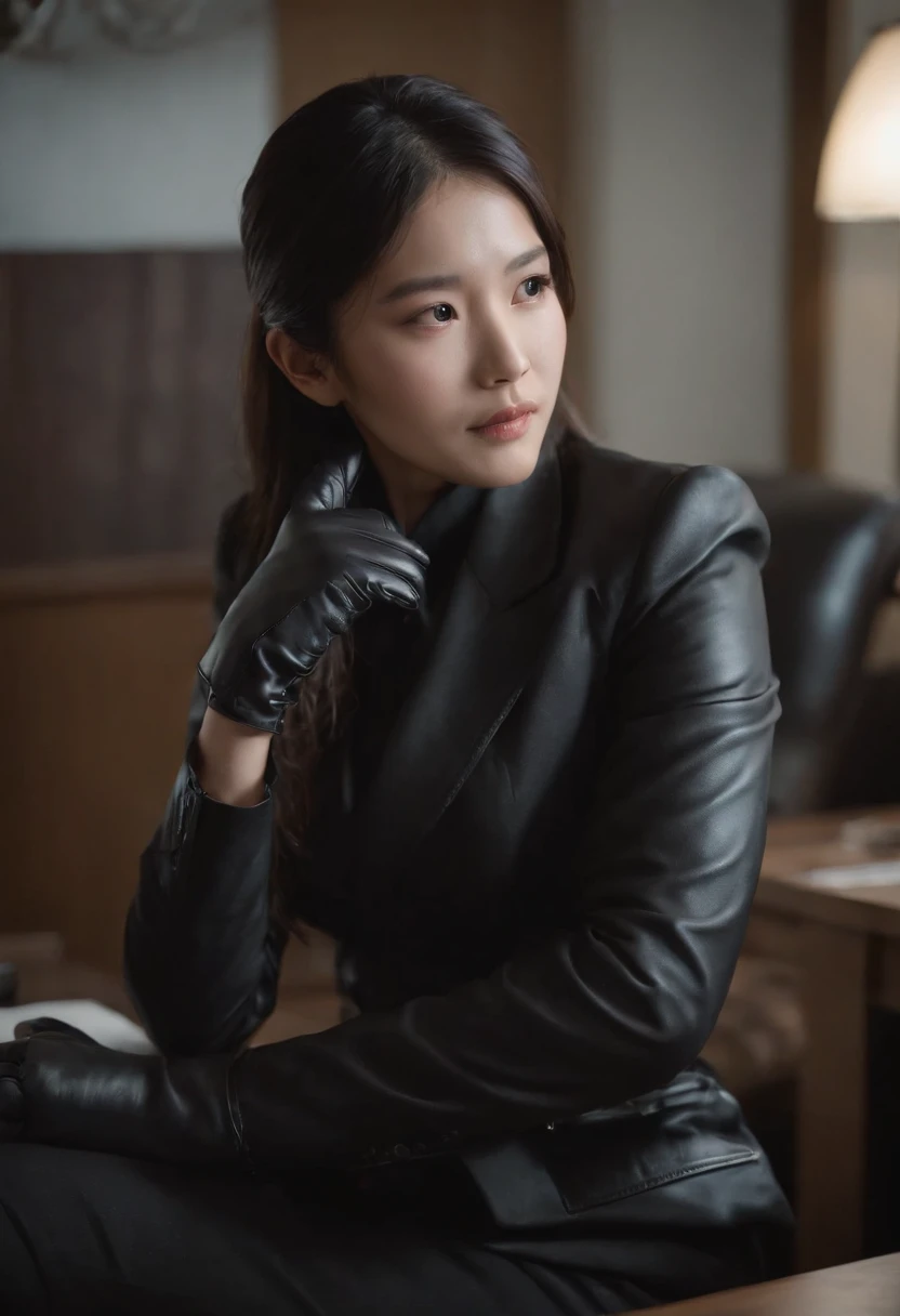 The upper body is covered with black leather gloves up to the fingertips of both hands. Black Recruitment Suit. Sitting on a leather chair on a desk in my room holding a computer in the dark, Talk to the other side of the screen. long, Black hair bunched back. See this, Messing with hair with fingertips in black leather gloves, Very cute Japan person
