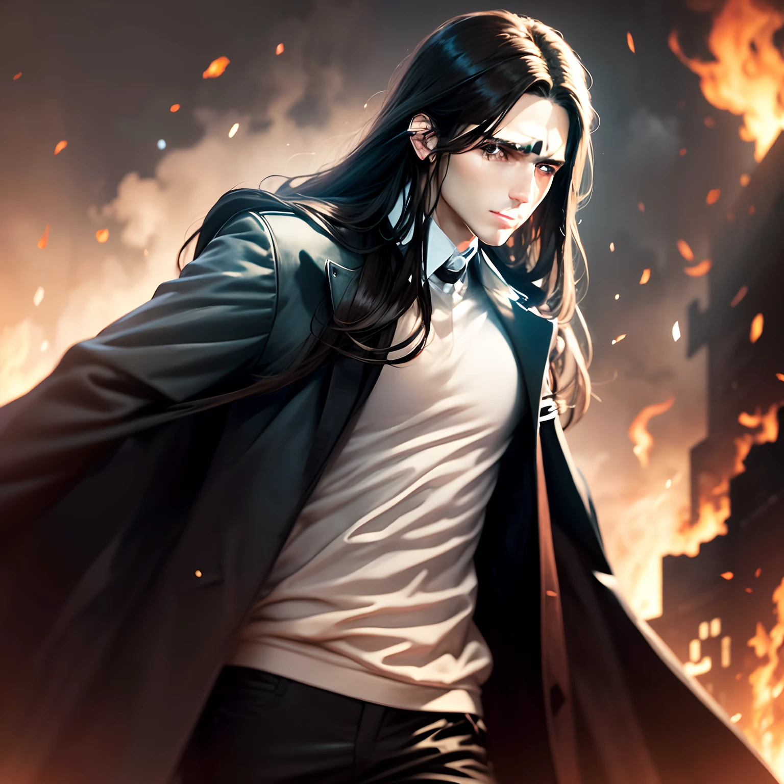 A young brunette man with long hair and brown eyes in a black and white outfit in front of a burning building