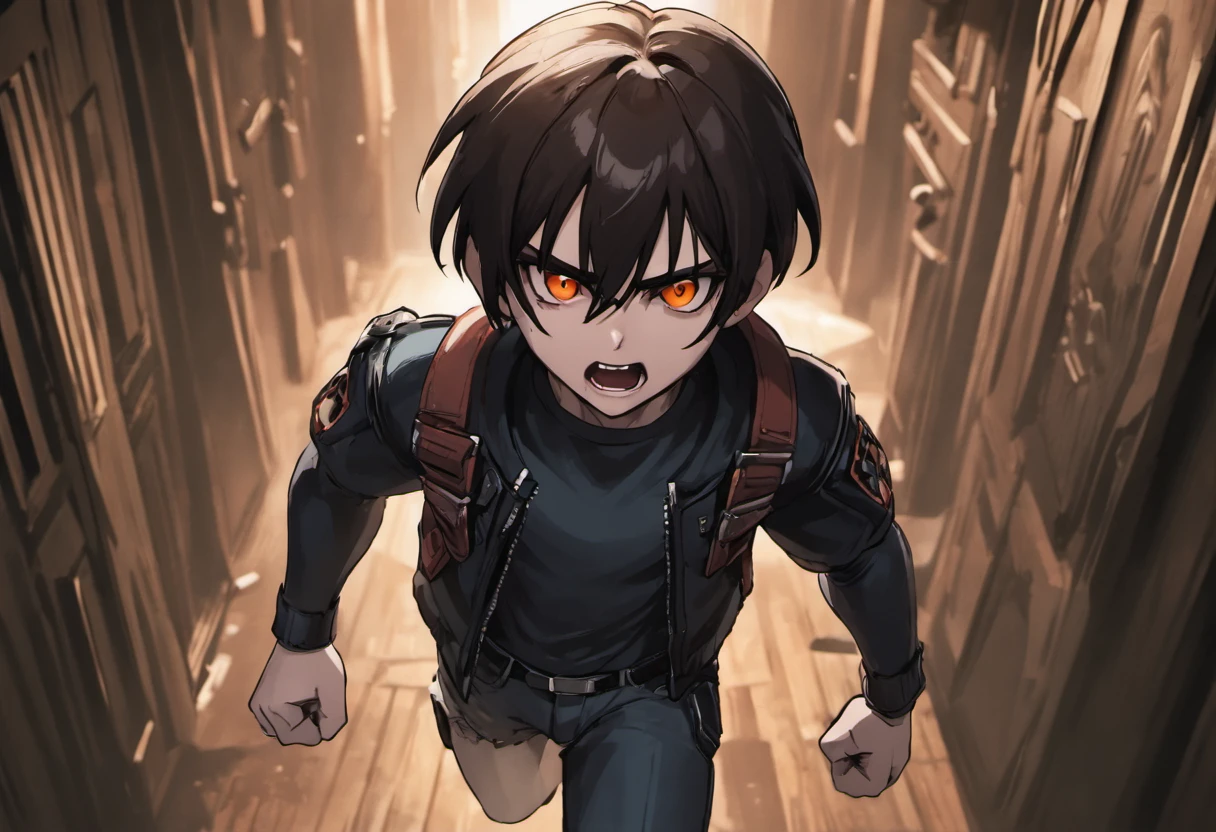 Leon S. Kennedy 9 running inside the house with a look of fear, black hair, the screen a little far away
