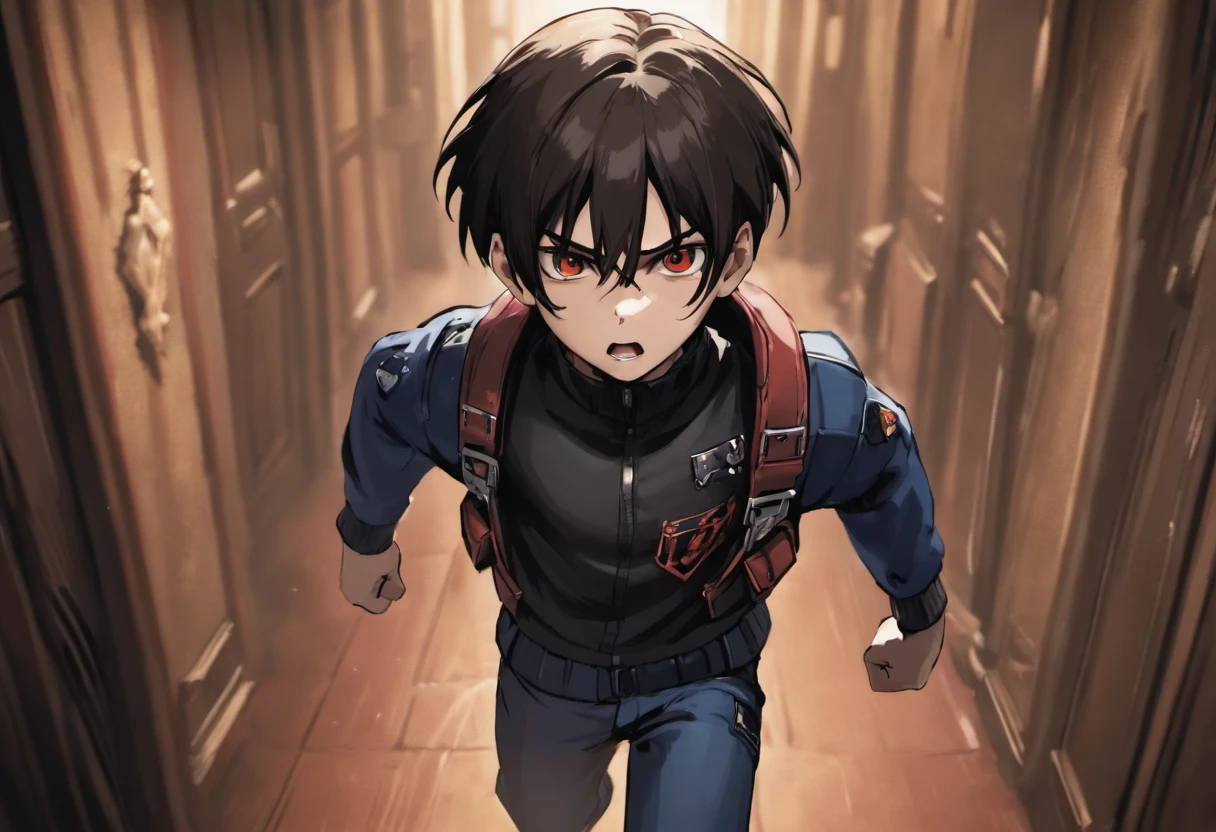 Leon S. Kennedy 9 running inside the house with a look of fear, black hair, the screen a little far away